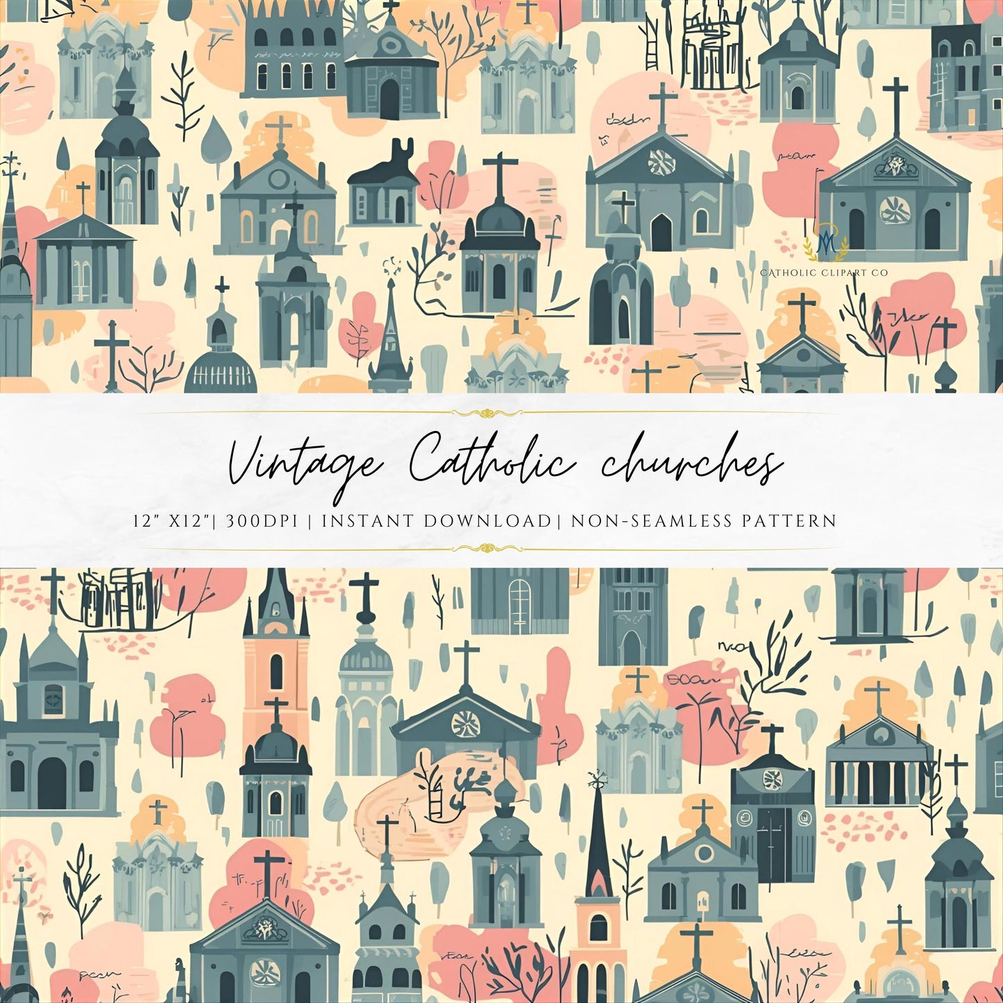 Vintage Catholic church digital paper 12x12 with chapels and crosses, soft pastel tones, religious background – Papel digital de iglesias católicas 12x12 vintage con capillas y cruces