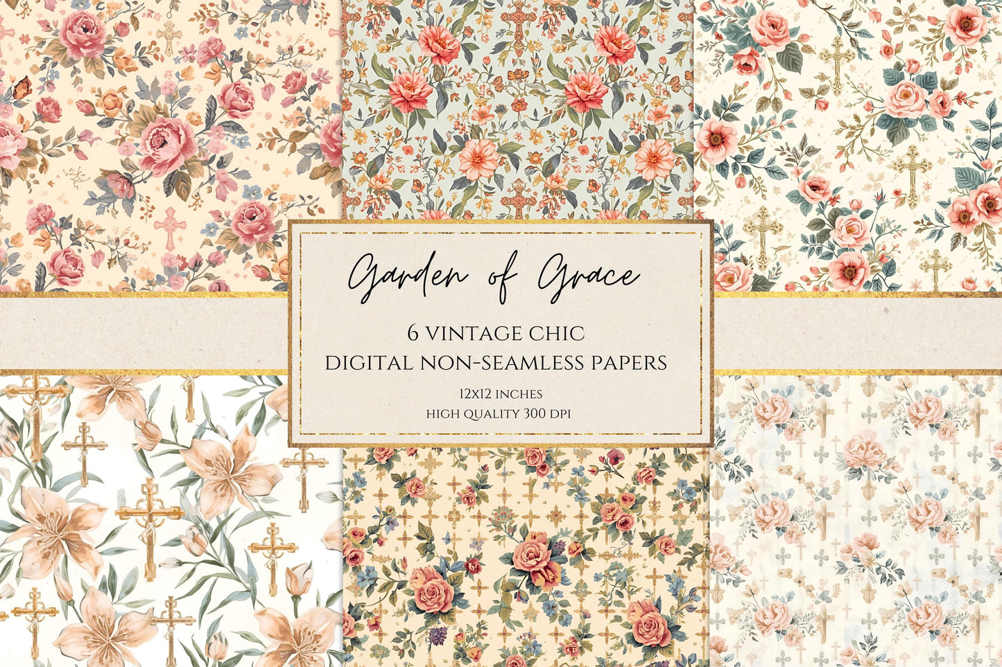 Vintage floral cross digital paper, papel digital cruz floral estilo vintage para manualidades católicas y scrapbooking