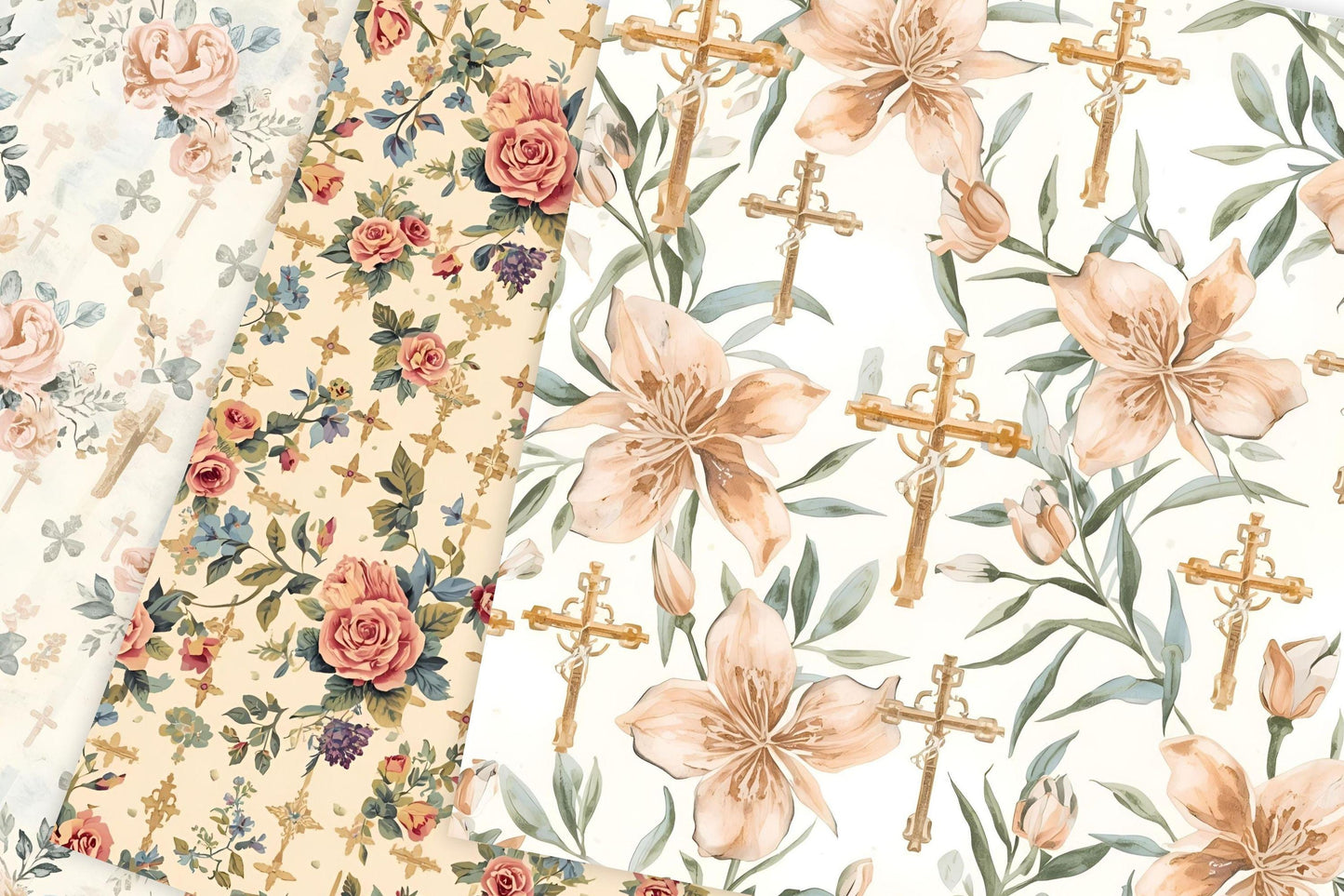 Shabby chic Catholic paper with pink roses and cross design, papel católico shabby chic con rosas y cruz para journaling de fe