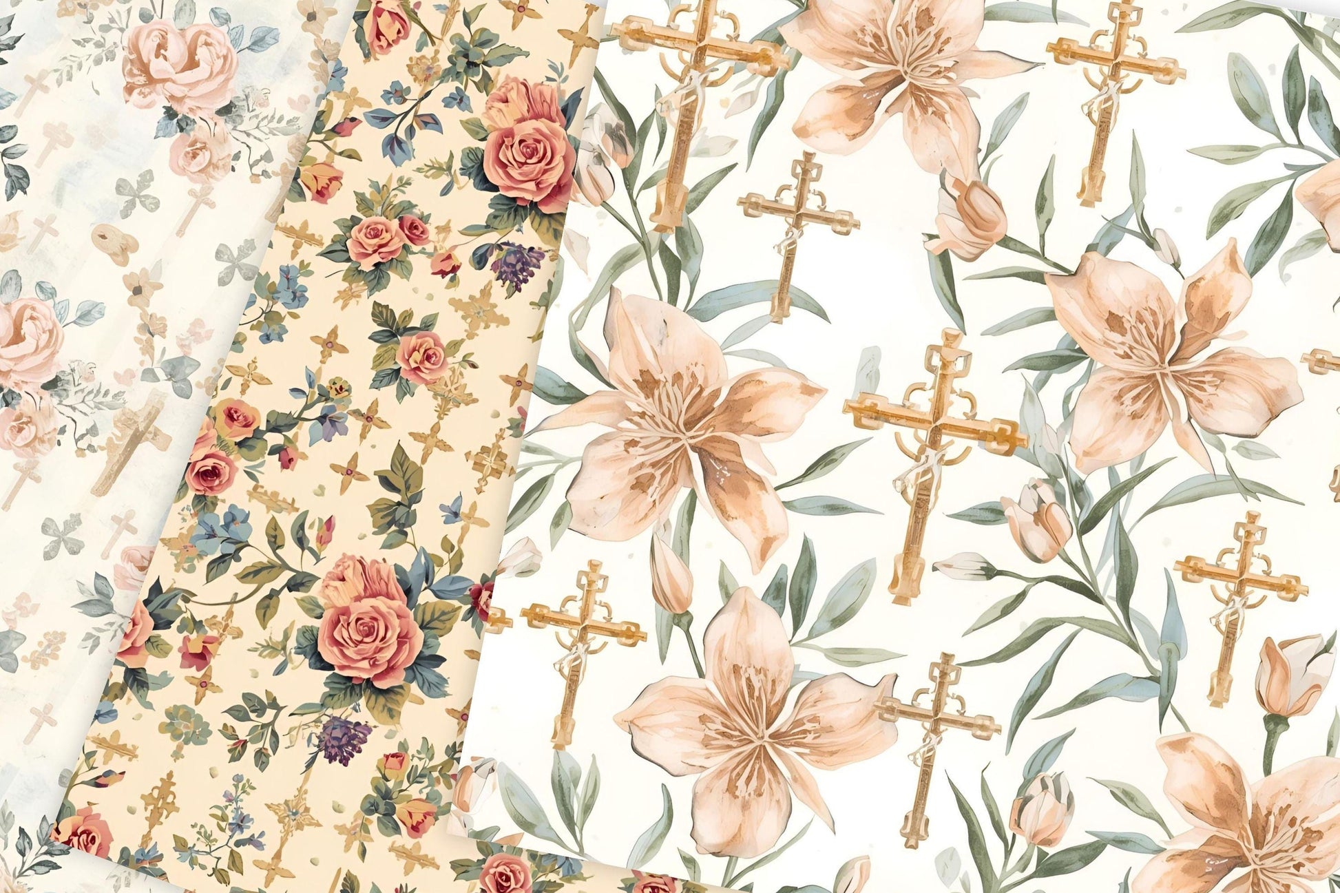 Shabby chic Catholic paper with pink roses and cross design, papel católico shabby chic con rosas y cruz para journaling de fe