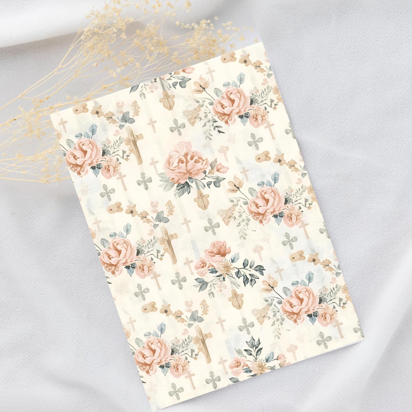 Vintage Catholic floral paper with soft roses and cross symbols, papel católico vintage con rosas suaves y símbolos de cruz para artesanía