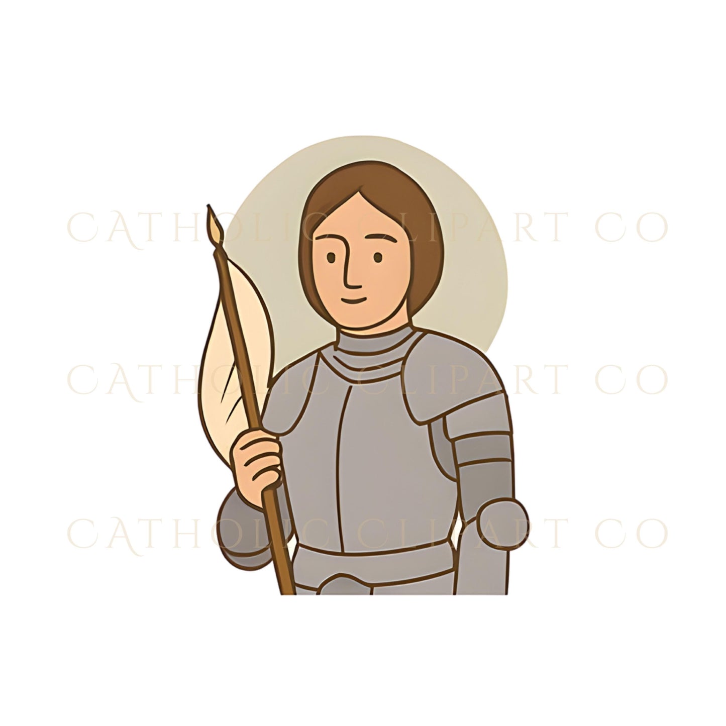 Modern clipart of St. Joan of Arc in armor with a sword | Santa Juana de Arco con armadura y espada