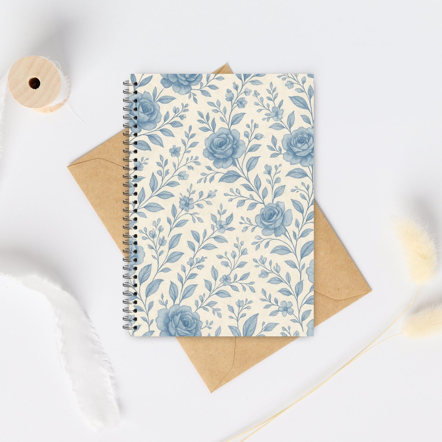 Blue floral Christian scrapbook paper with subtle devotion motifs | Papel cristiano azul floral con motivos devocionales sutiles