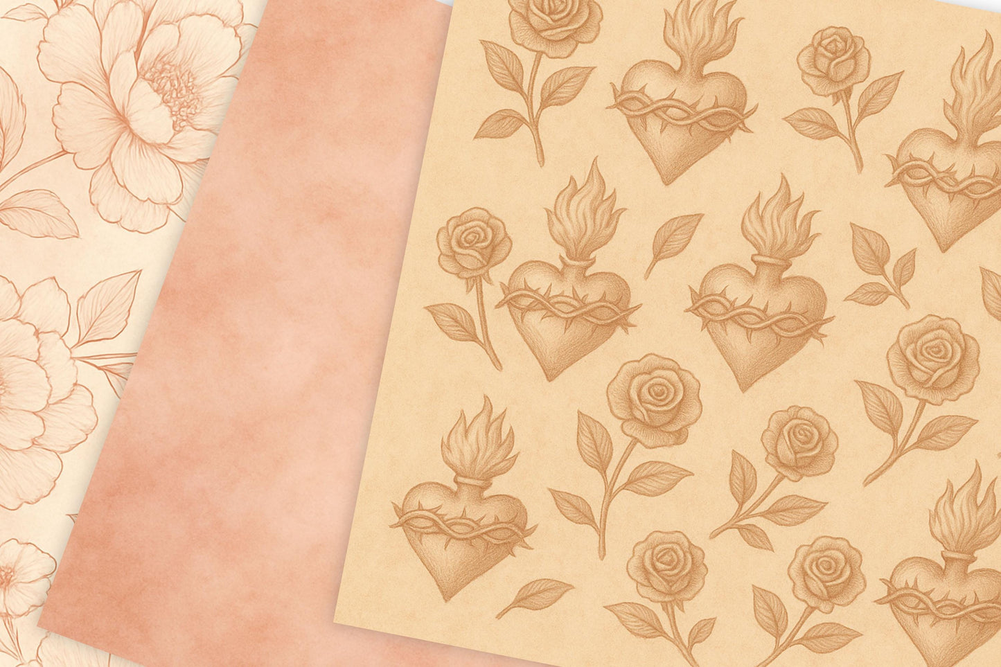 Soft beige and rose-gold background with scattered gold speckles / Fondo beige y oro rosa con puntos dorados dispersos.