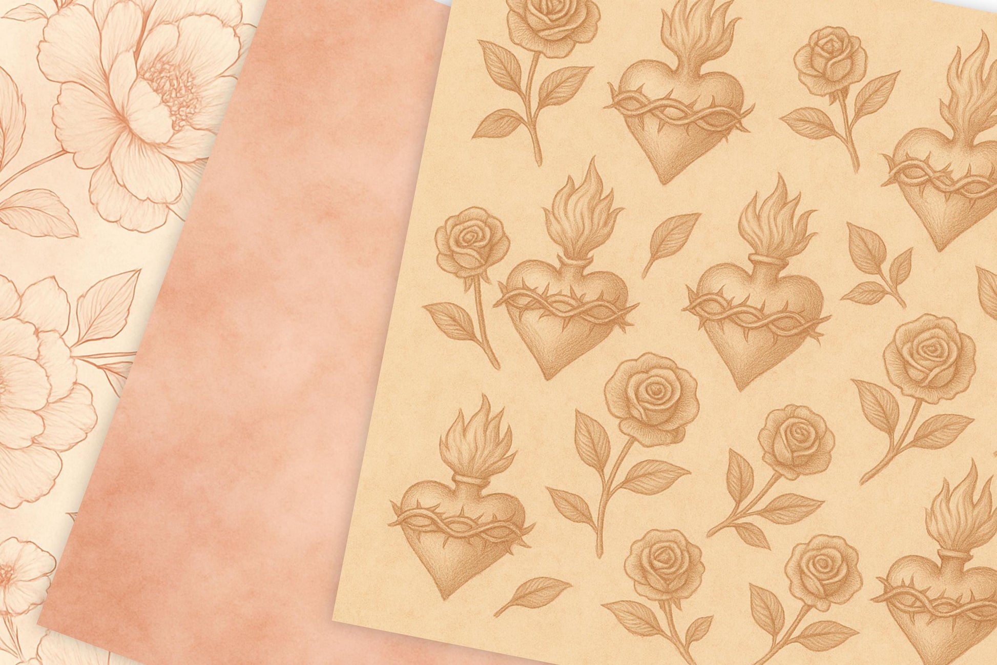 Soft beige and rose-gold background with scattered gold speckles / Fondo beige y oro rosa con puntos dorados dispersos.