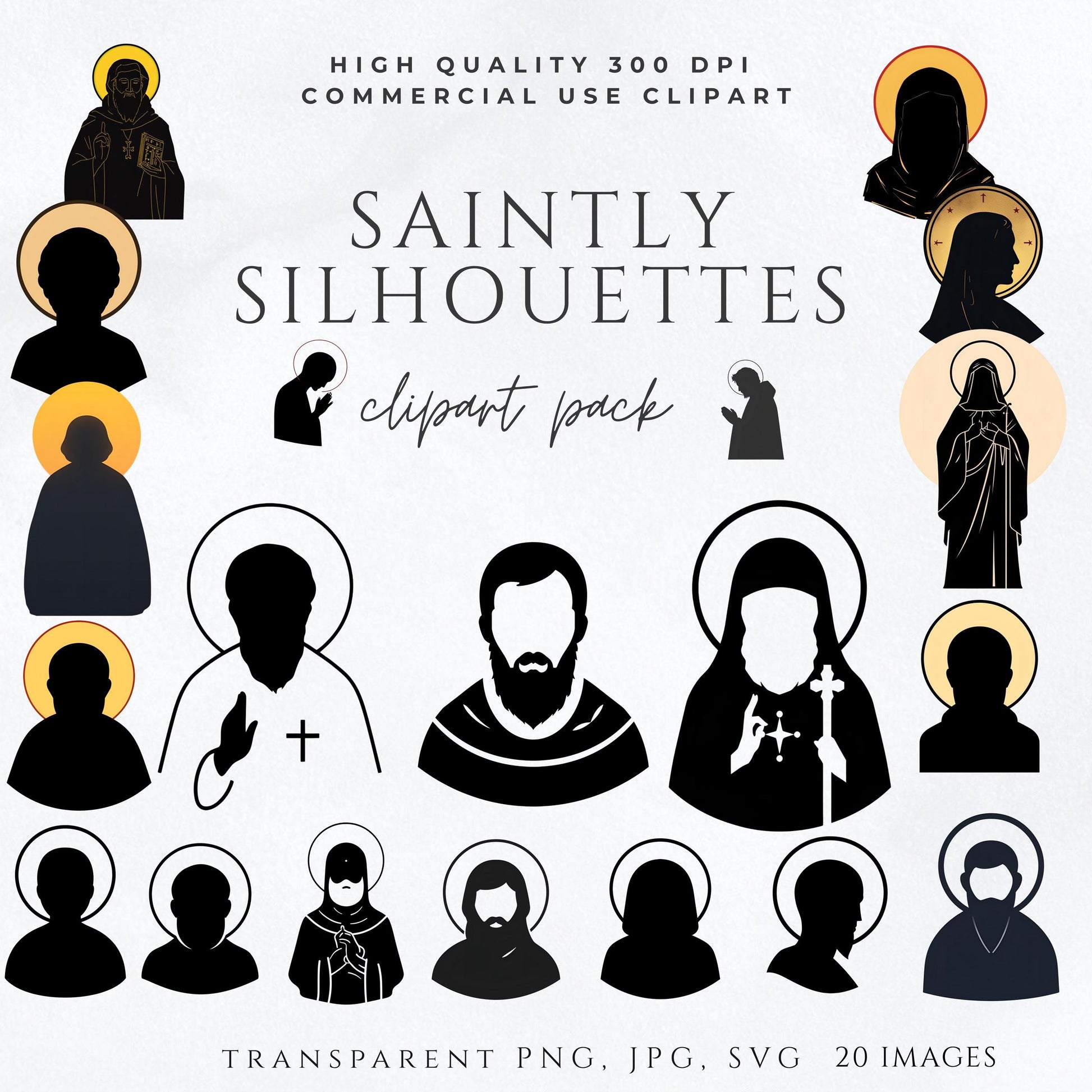 Catholic saint silhouette clipart bundle, santos católicos arte digital