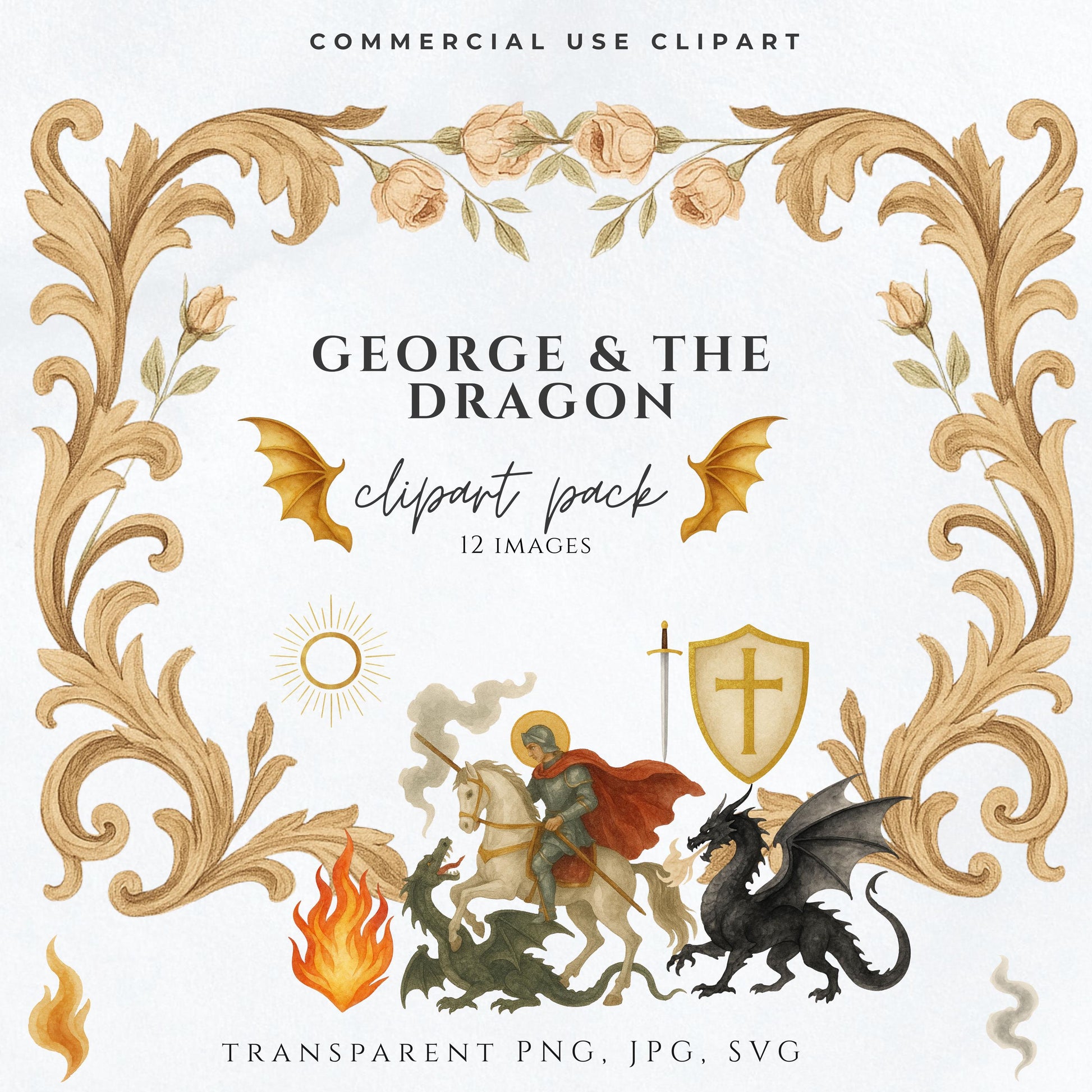 St. George slaying the dragon watercolor clipart | San Jorge venciendo al dragón clipart
