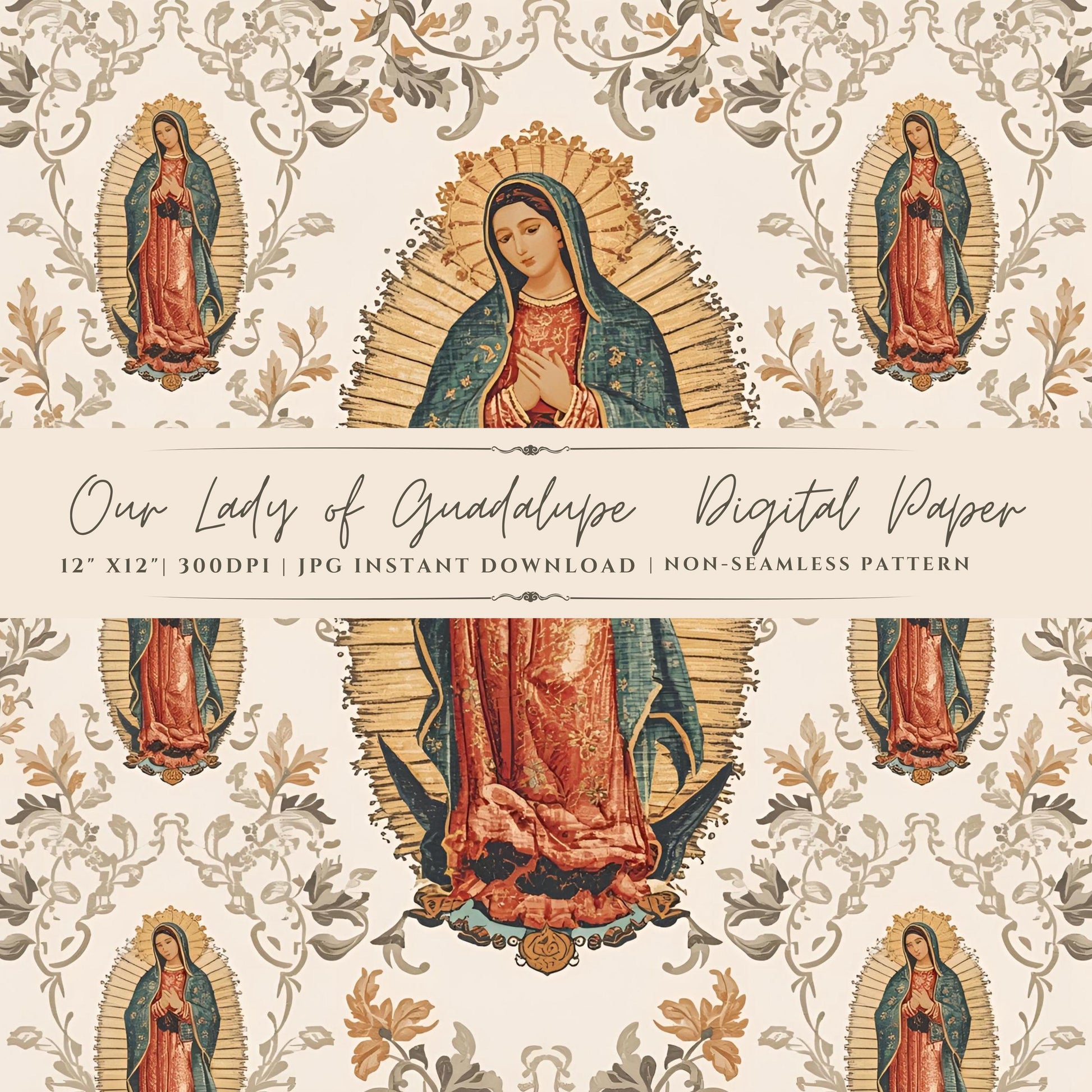 Our Lady of Guadalupe digital paper with vintage florals / Papel digital de la Virgen de Guadalupe con flores vintage