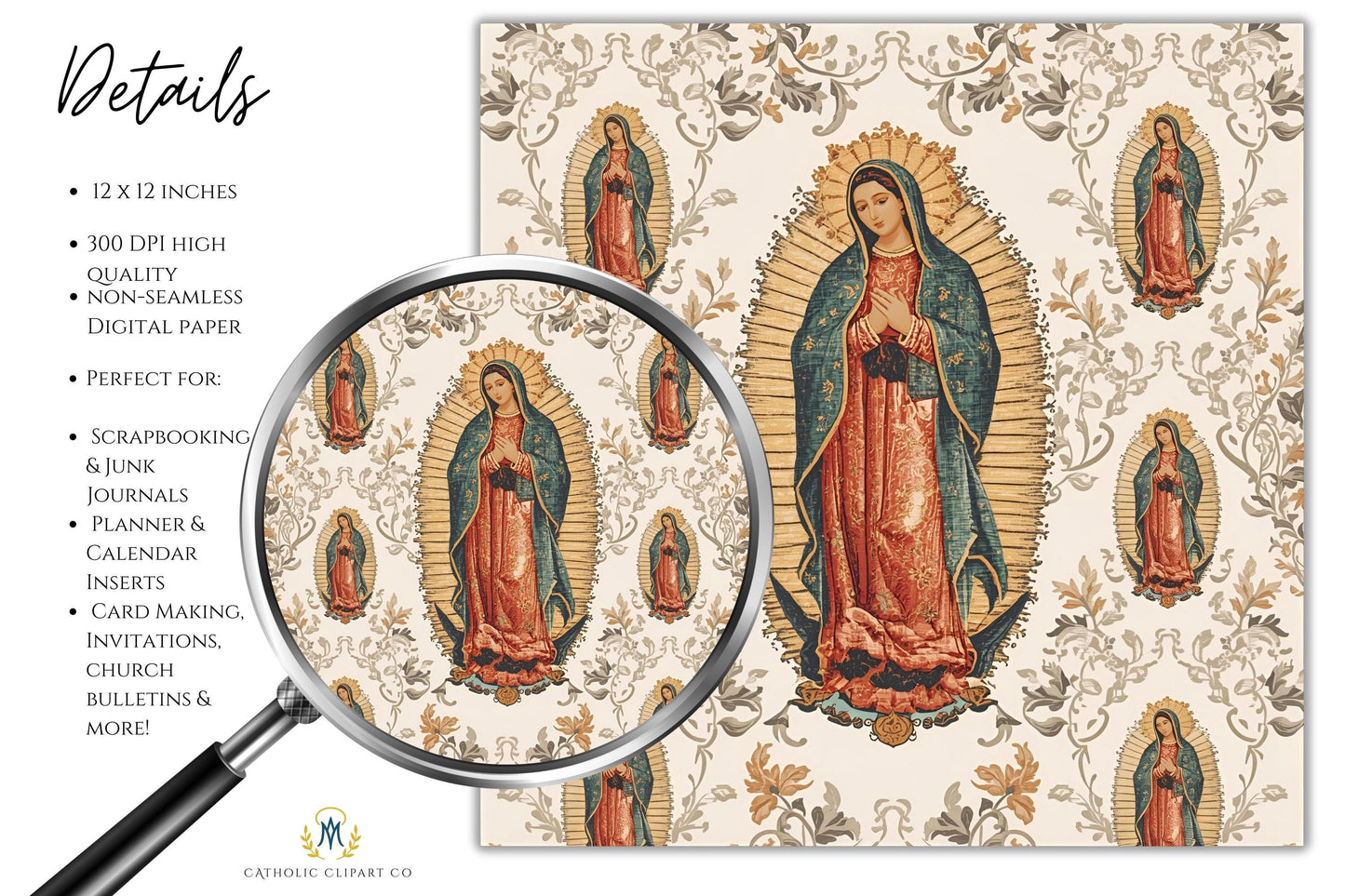 Religious floral digital paper with Virgen de Guadalupe / Papel digital religioso con la Virgen de Guadalupe