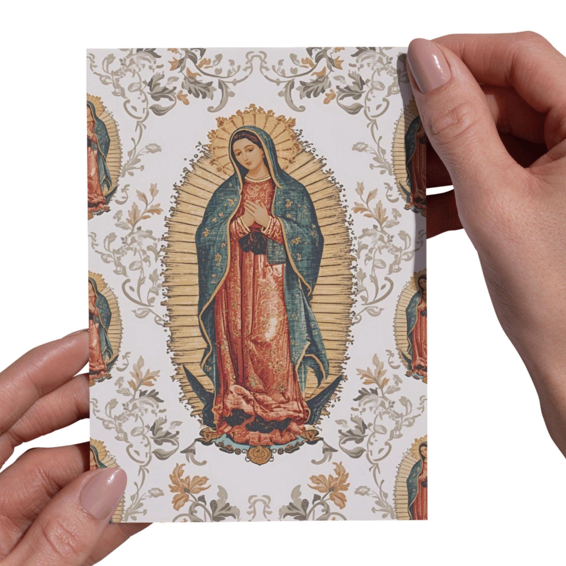 Catholic non-seamless 12x12 paper featuring OLG art / Papel católico 12x12 no repetitivo con arte de Guadalupe