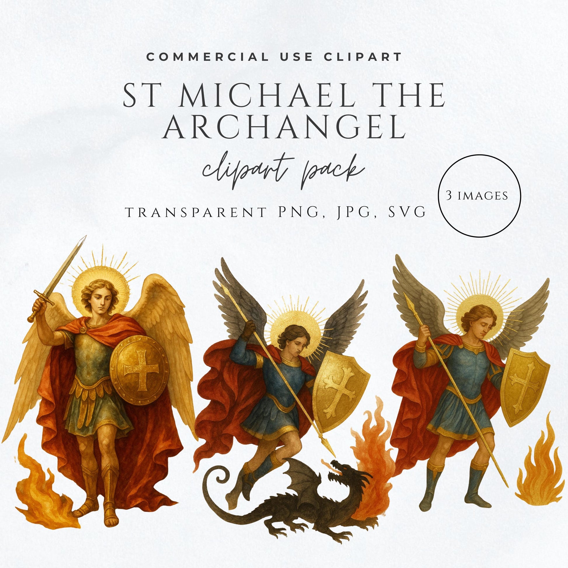 St. Michael the Archangel watercolor clipart with golden armor and halo / Clipart de San Miguel Arcángel en acuarela con armadura dorada y halo