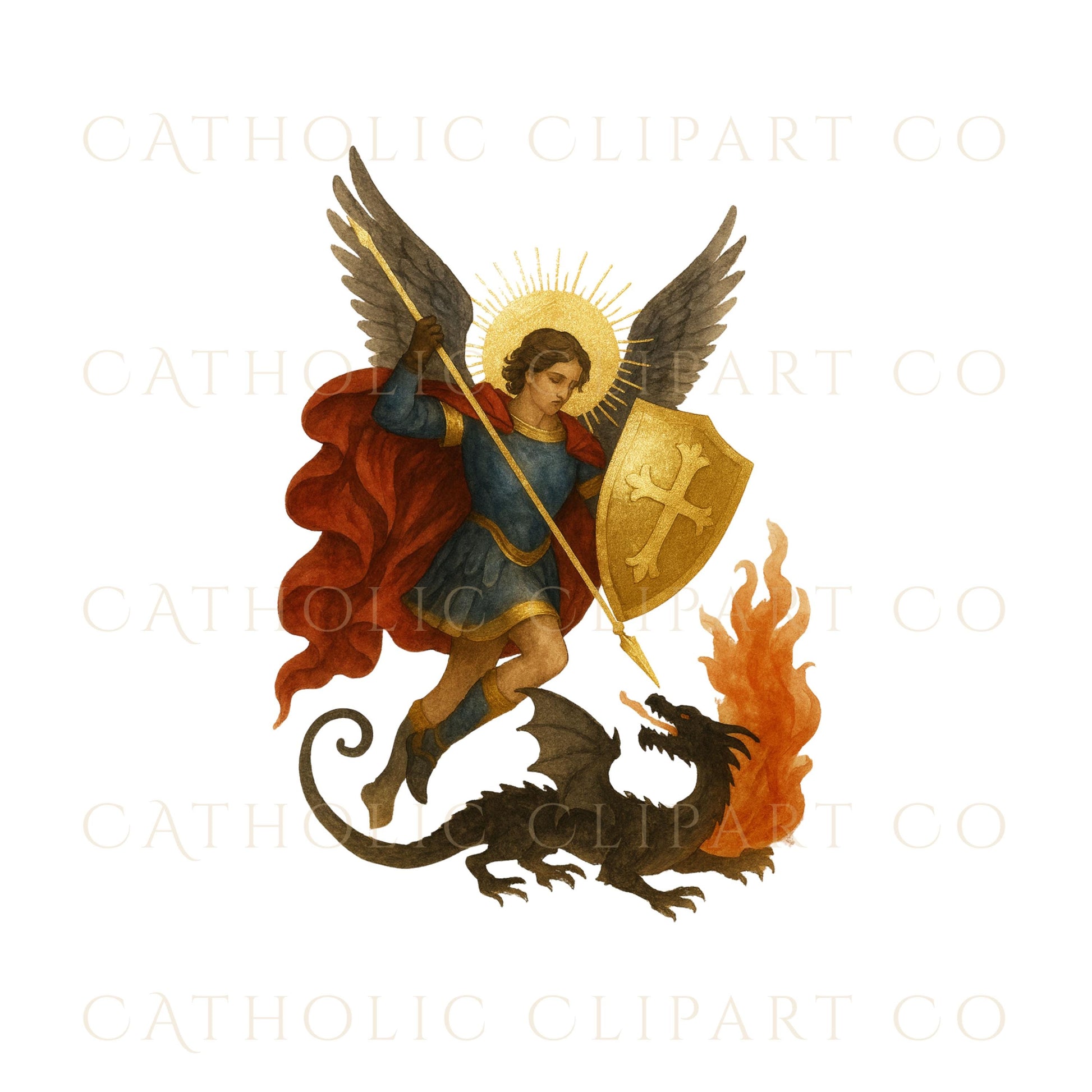 Christian angel clipart with red cloak and gold shield / Clipart de ángel cristiano con capa roja y escudo dorado