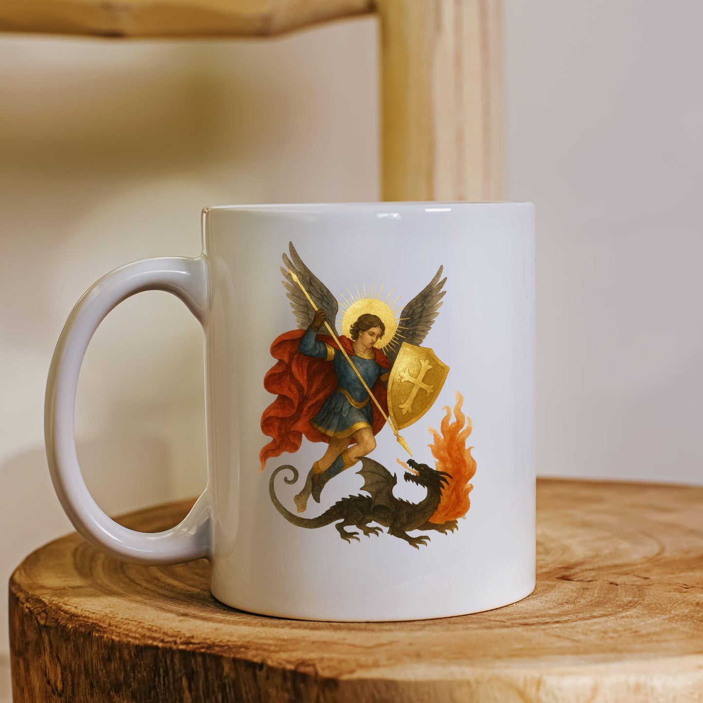 Archangel Michael defeating evil dragon in watercolor style / Arcángel Miguel derrotando al dragón en estilo acuarela