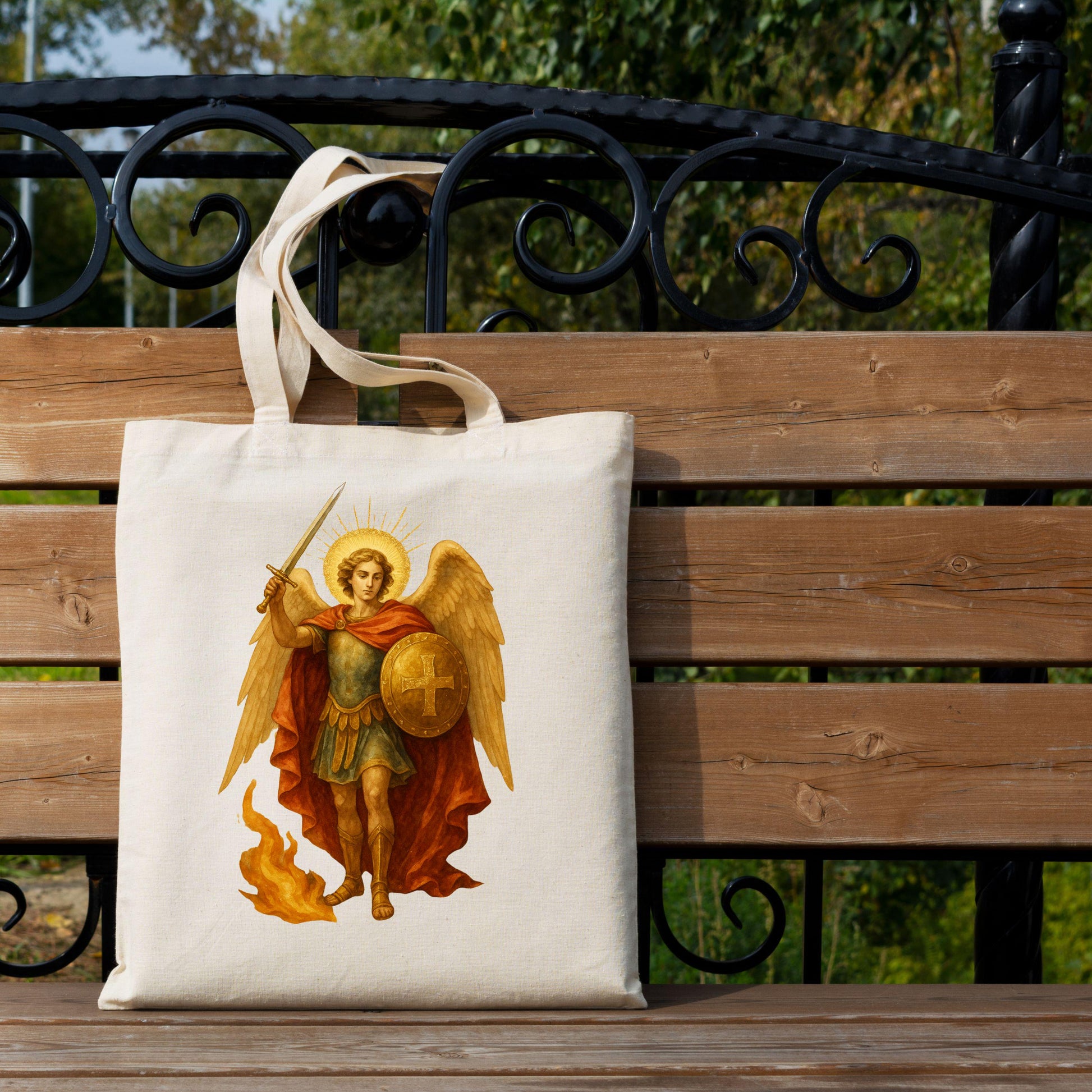 St. Michael holy card style artwork with gold accents / Arte estilo estampa de San Miguel con detalles dorados