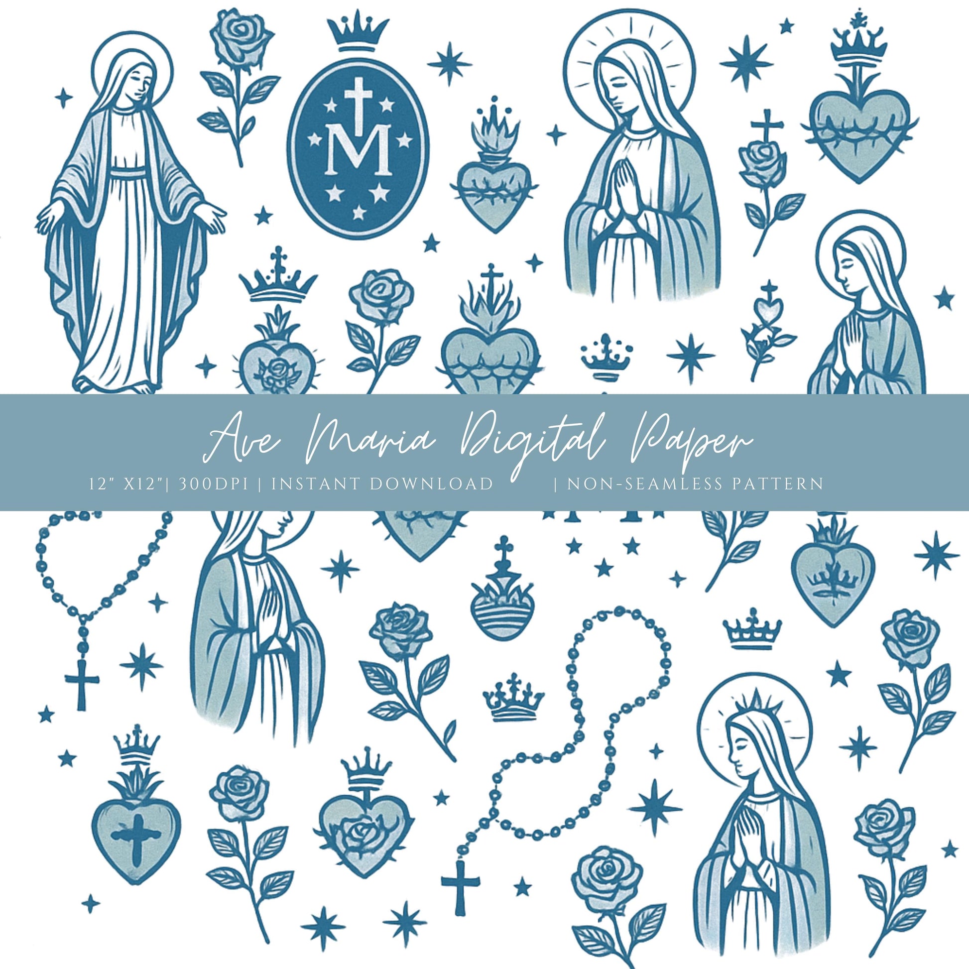 Marian Digital Paper with Virgin Mary and Sacred Heart motifs | Papel Digital Mariano con motivos de la Virgen María y el Sagrado Corazón