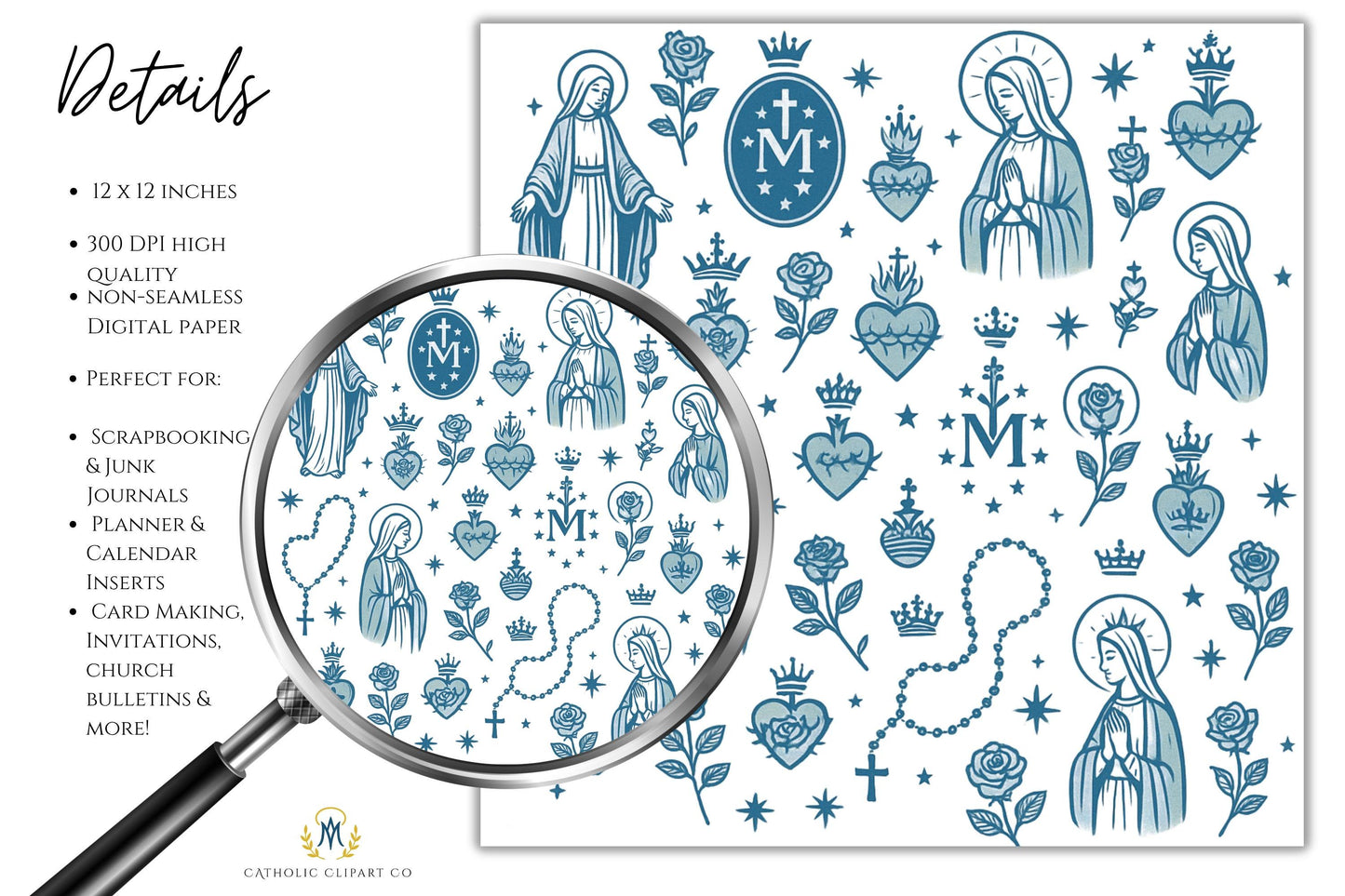 Blue Catholic Scrapbook Paper featuring Marian symbols and rosary design | Papel Azul Católico para Scrapbook con símbolos marianos y diseño de rosario