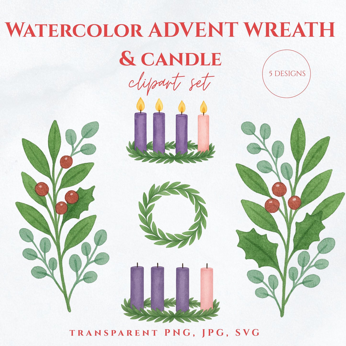 Watercolor Advent wreath with purple and pink candles, Catholic clipart — Corona de Adviento en acuarela con velas moradas y rosa, clipart católico