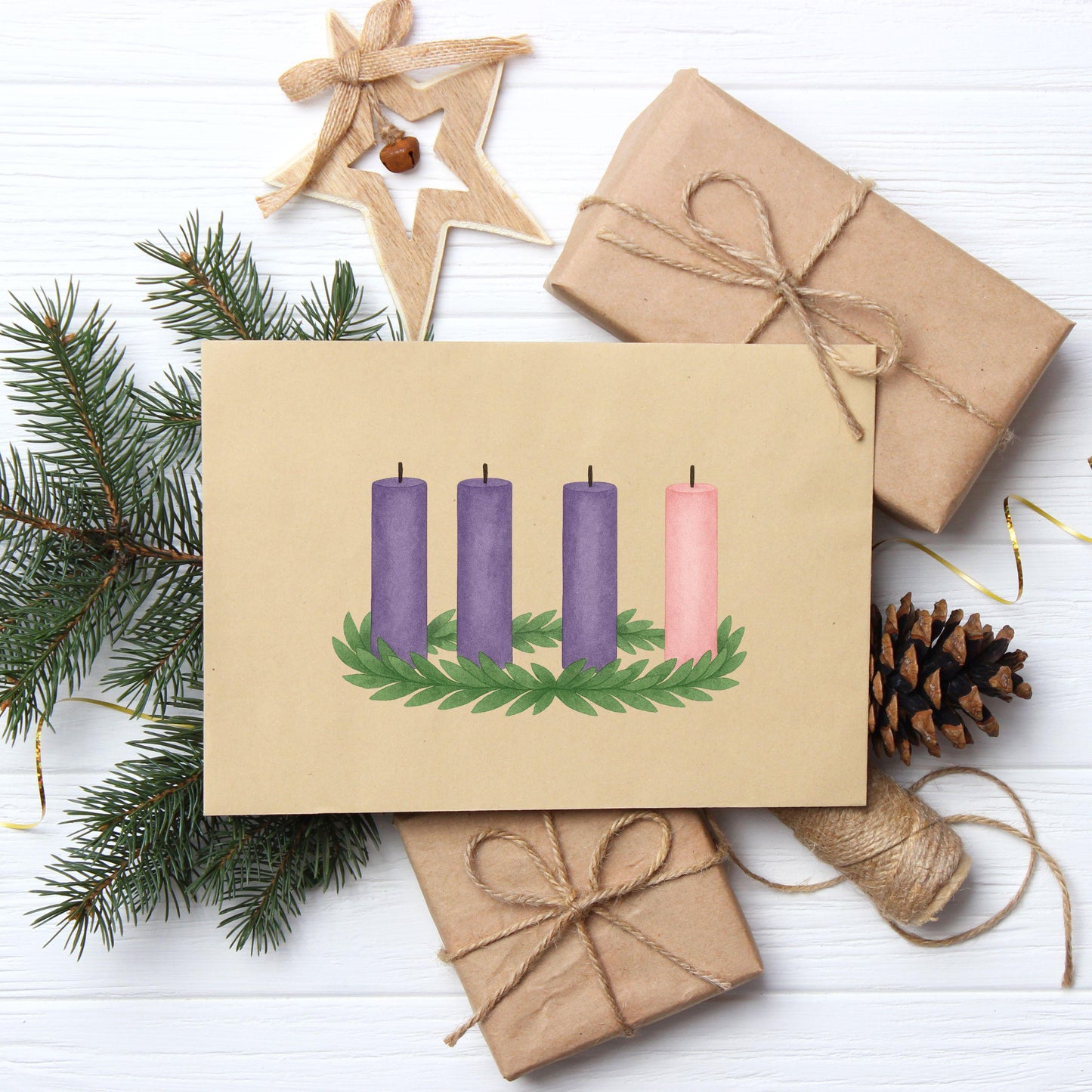Four Advent candles watercolor artwork — Arte en acuarela de cuatro velas de Adviento