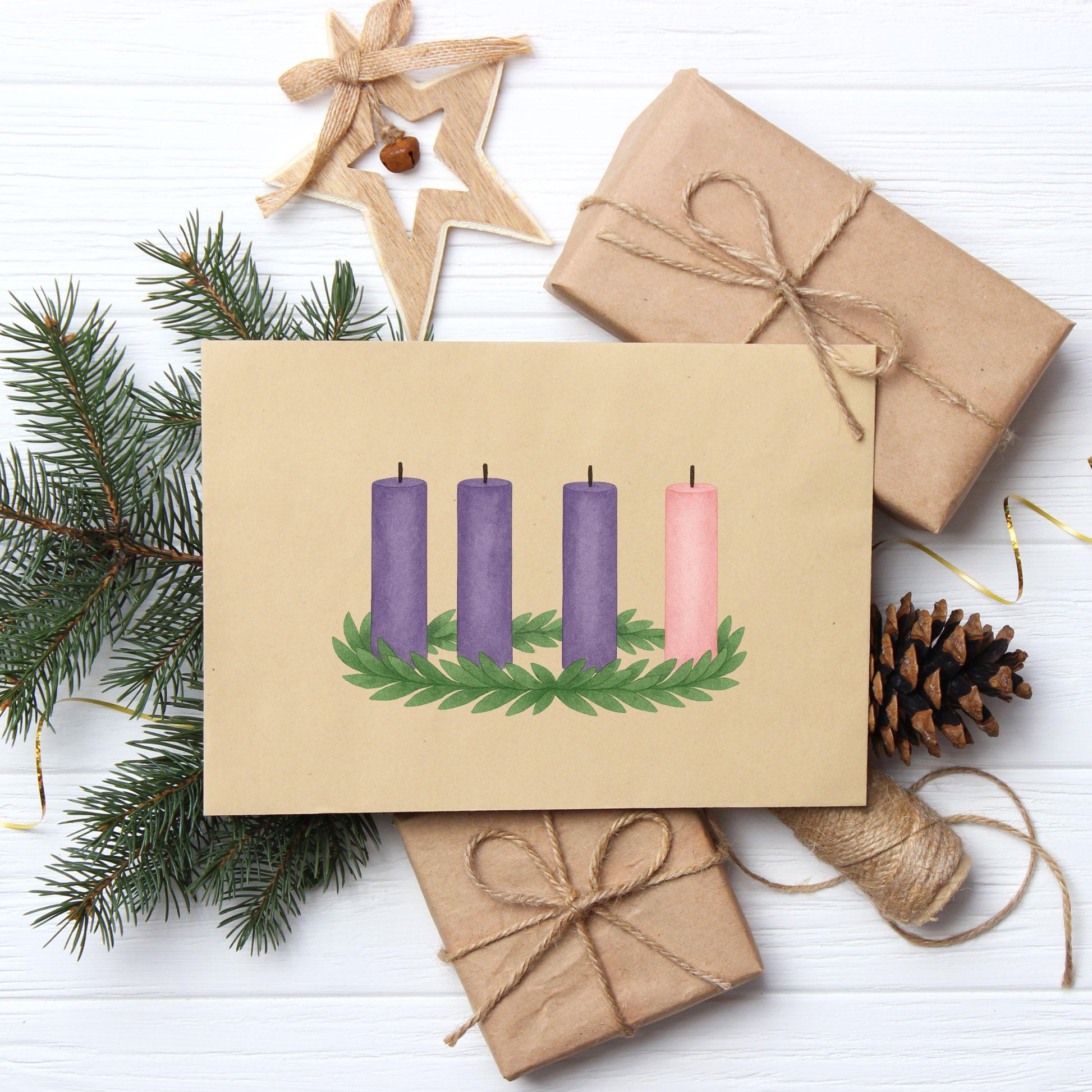 Four Advent candles watercolor artwork — Arte en acuarela de cuatro velas de Adviento