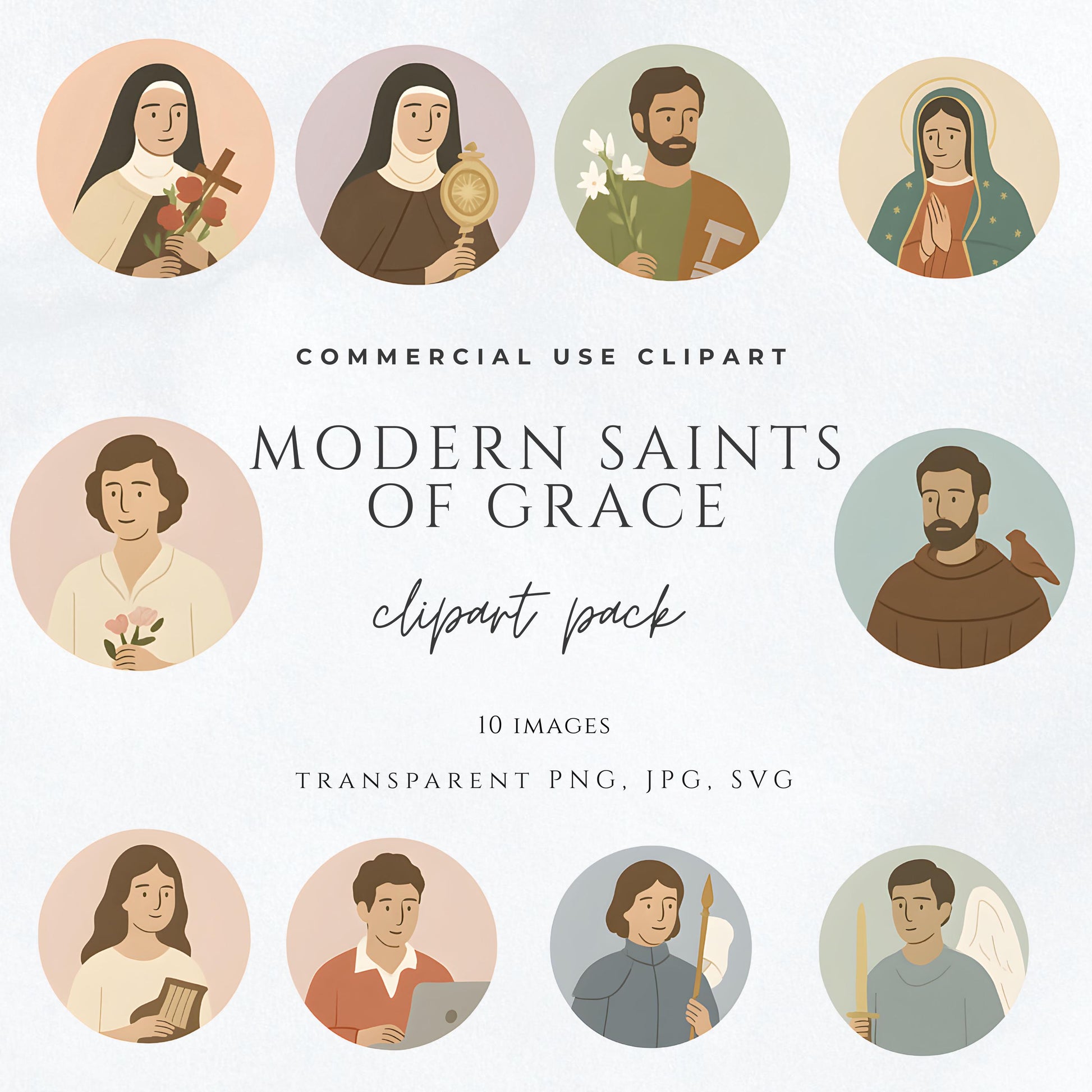 Modern minimalist saint portrait clipart in pastel circle | Retrato minimalista de santo en círculo pastel