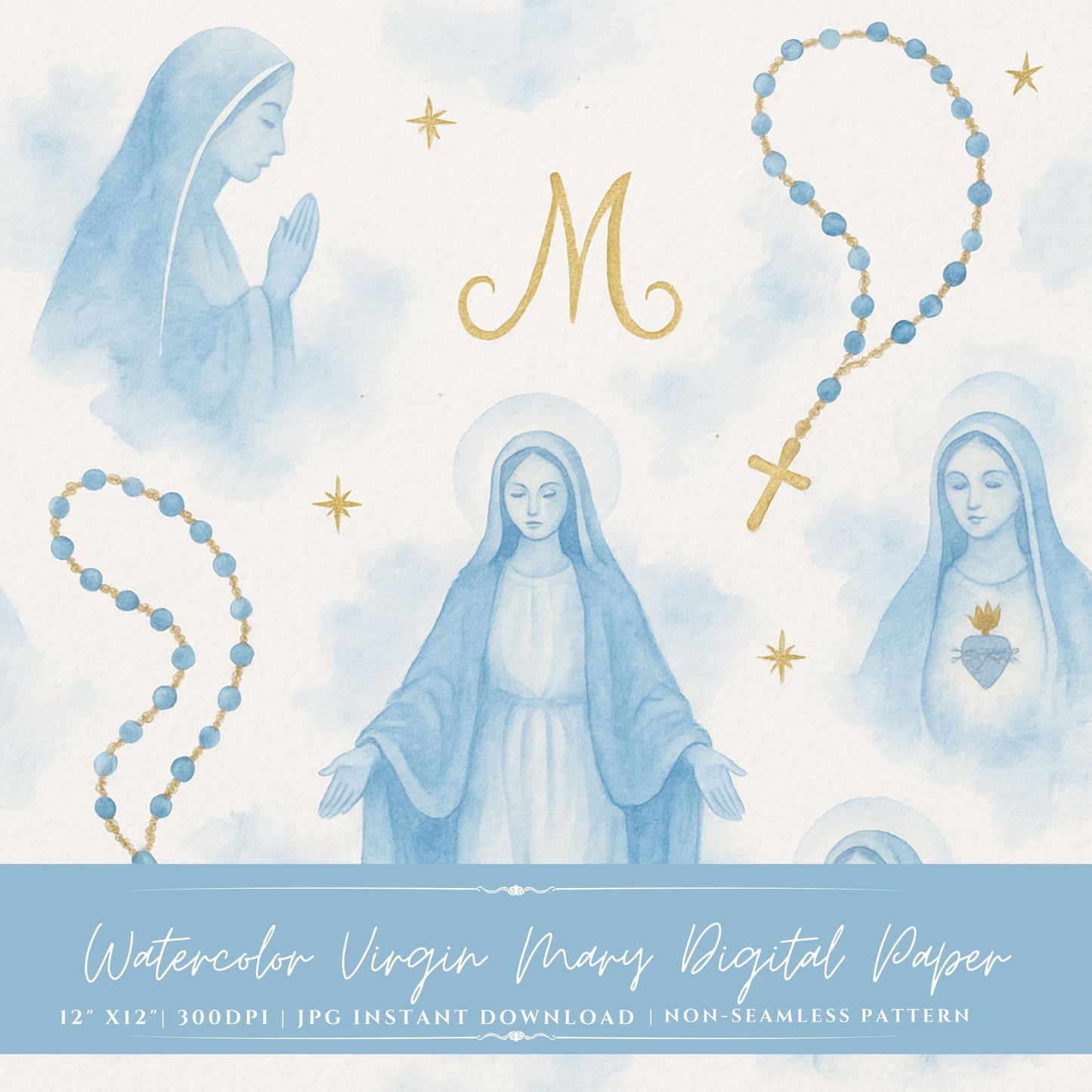 Watercolor Virgin Mary digital paper with rosary and gold stars, hand-painted look”
“Papel digital de la Virgen María en acuarela con rosario y estrellas doradas, aspecto pintado a mano