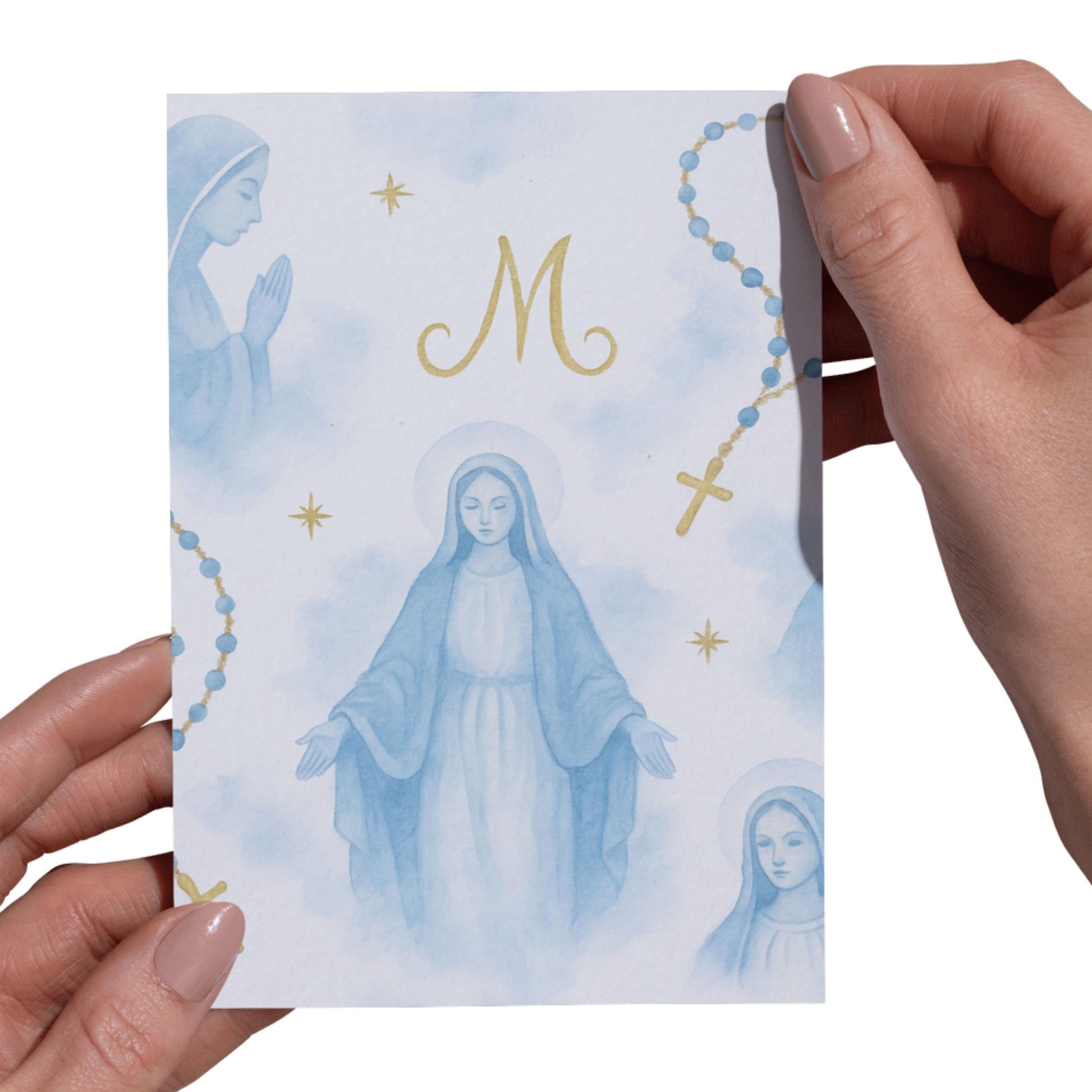 Watercolor Immaculate Heart Mary artwork on soft cloud texture/Ilustración en acuarela del Inmaculado Corazón de María sobre textura suave de nubes