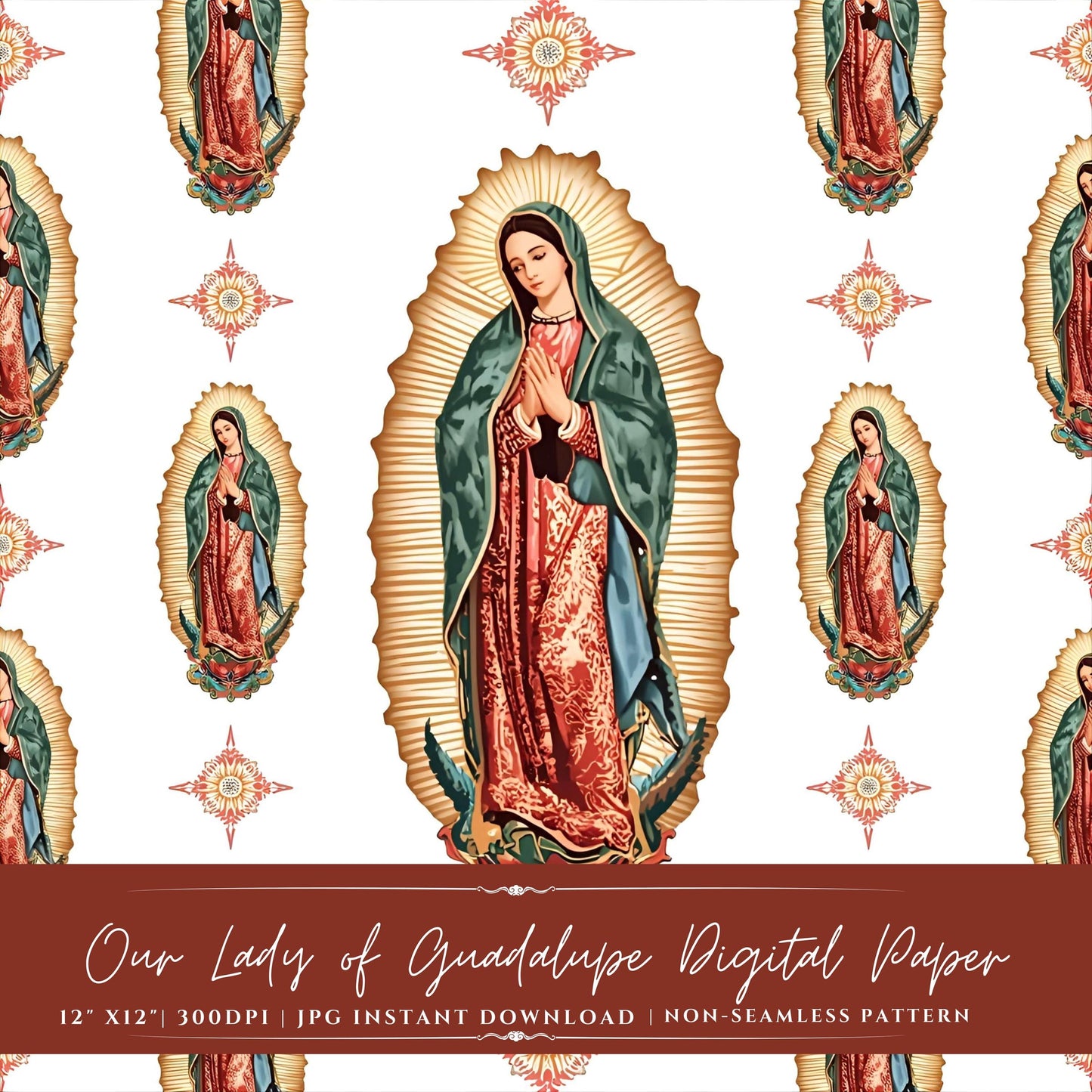 Watercolor Our Lady of Guadalupe digital paper pattern – Papel digital acuarela de la Virgen de Guadalupe