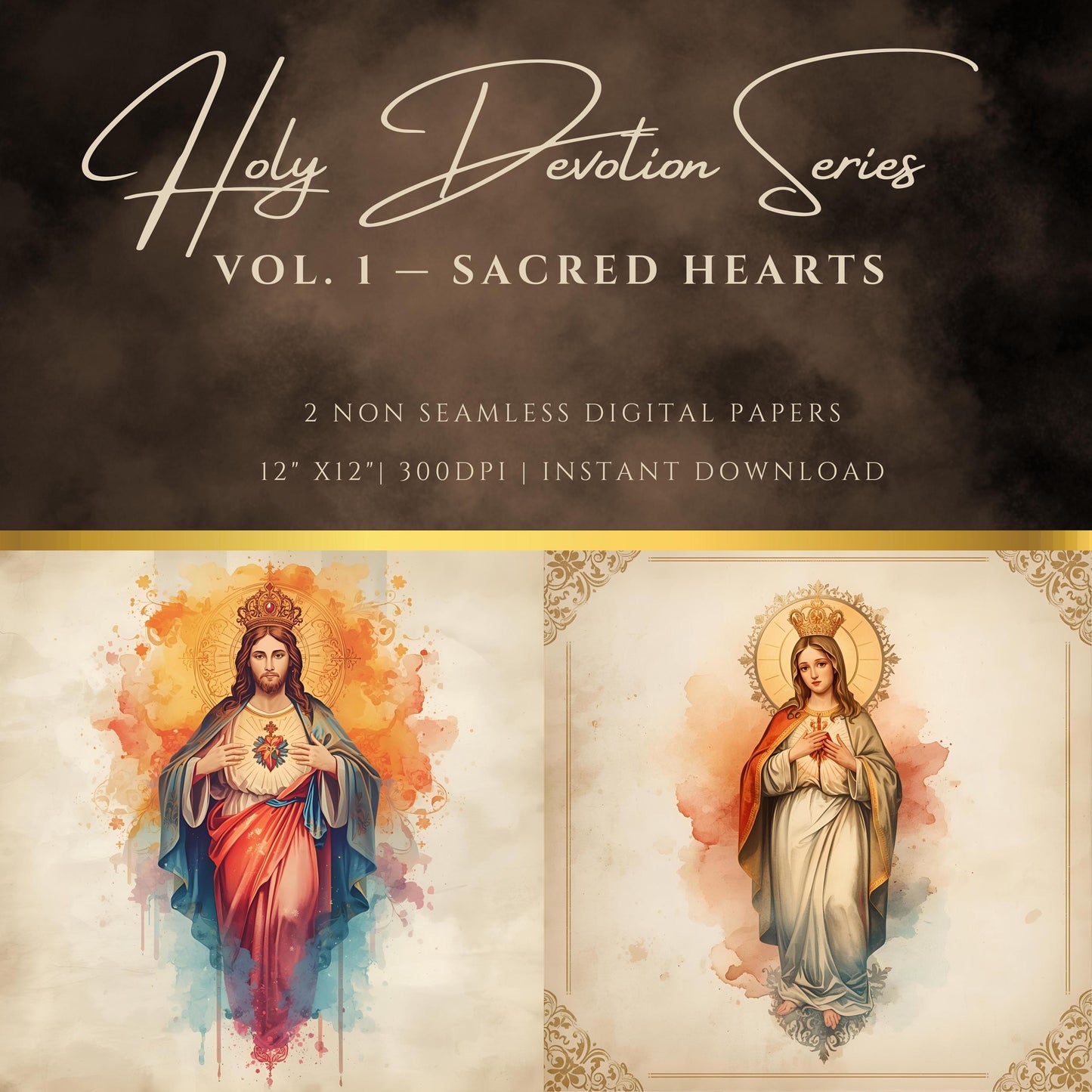 Sacred Heart of Jesus watercolor digital paper with warm tones and gold accents / Papel digital del Sagrado Corazón de Jesús en acuarela con tonos cálidos y detalles dorados