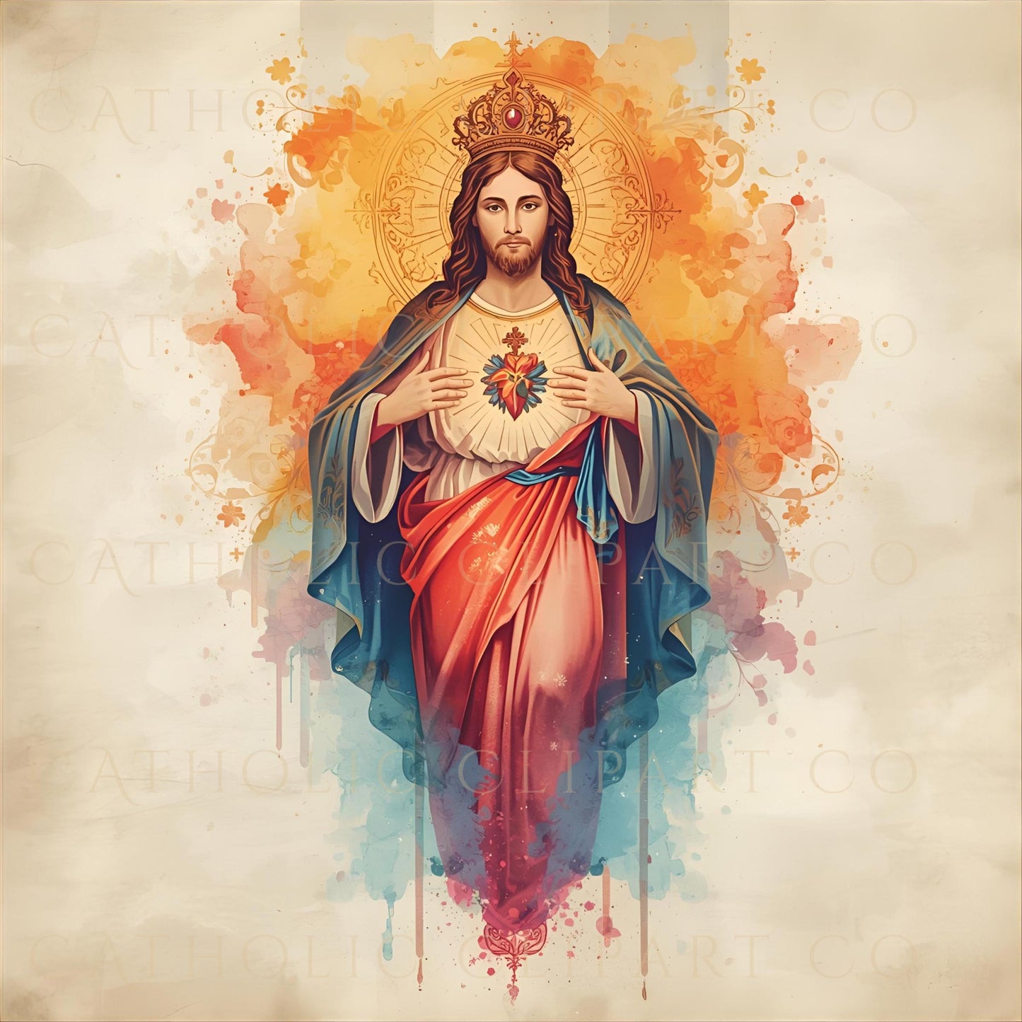 Watercolor Sacred Hearts background for scrapbooking and prayer journals / Fondo de los Sagrados Corazones en acuarela para scrapbook y diarios de oración
