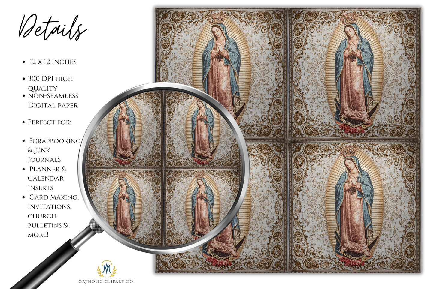 Catholic 12x12 printable paper featuring Virgen de Guadalupe — Papel imprimible 12x12 con la Virgen de Guadalupe