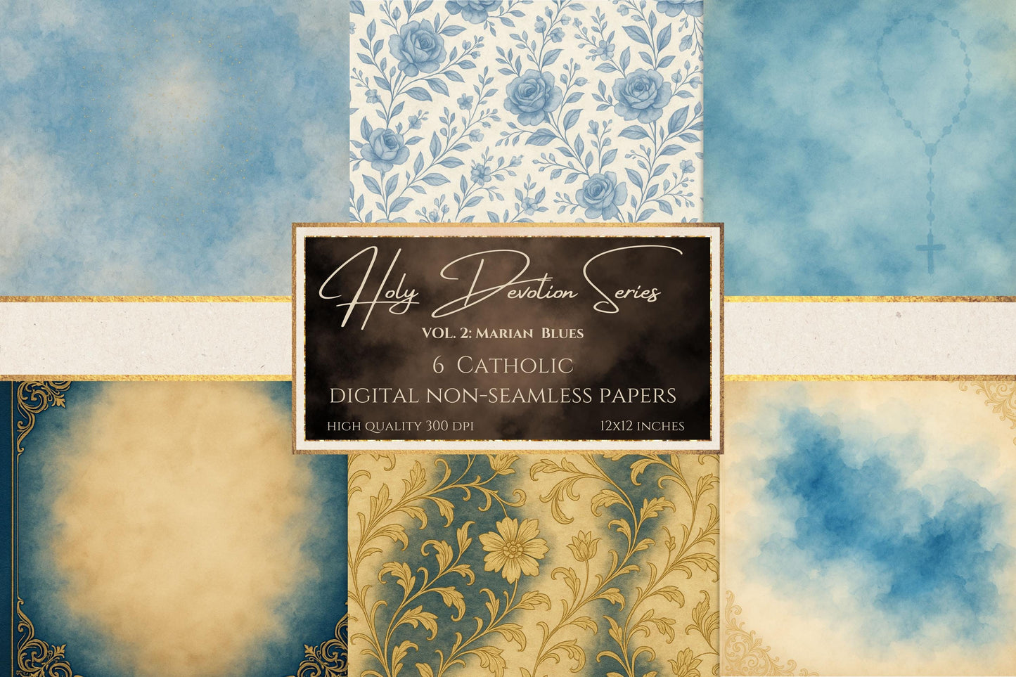 Marian blue Catholic digital paper with soft watercolor texture | Papel digital católico azul mariano con textura acuarela suave