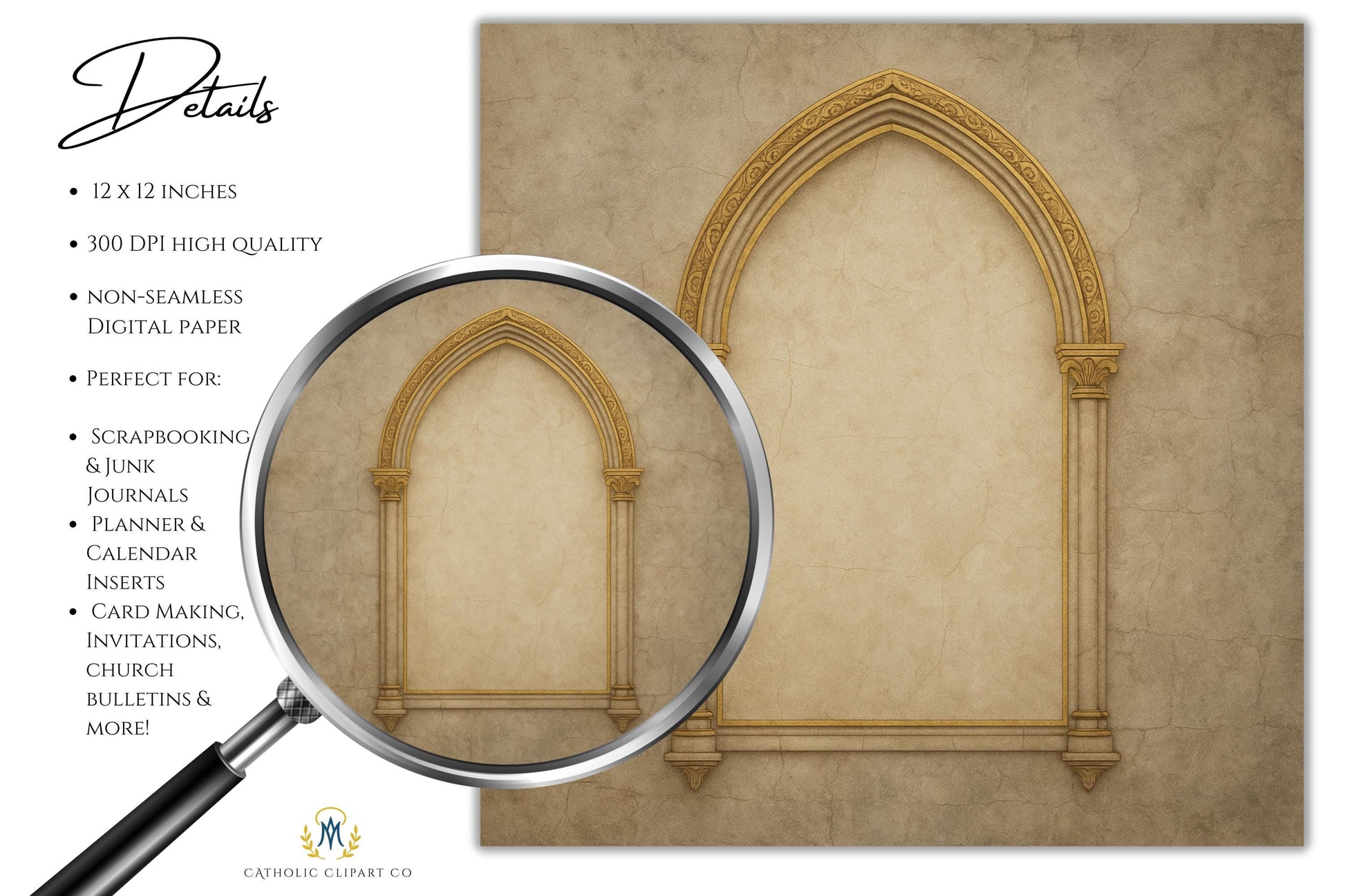 Vintage church background with golden architectural frame | Fondo de iglesia vintage con marco arquitectónico dorado