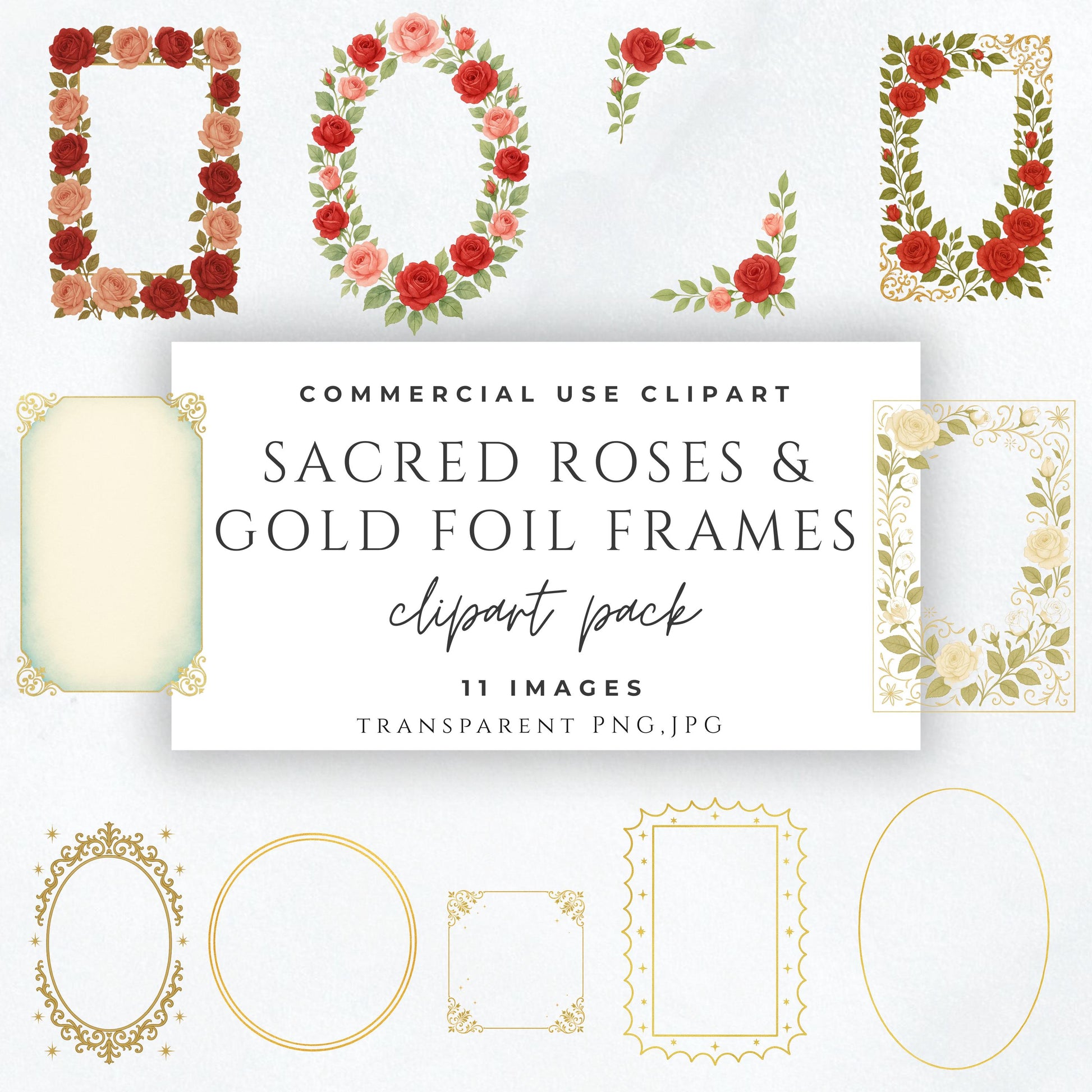 Vintage gold foil frame with red watercolor roses – marco dorado vintage con rosas acuarela rojas
