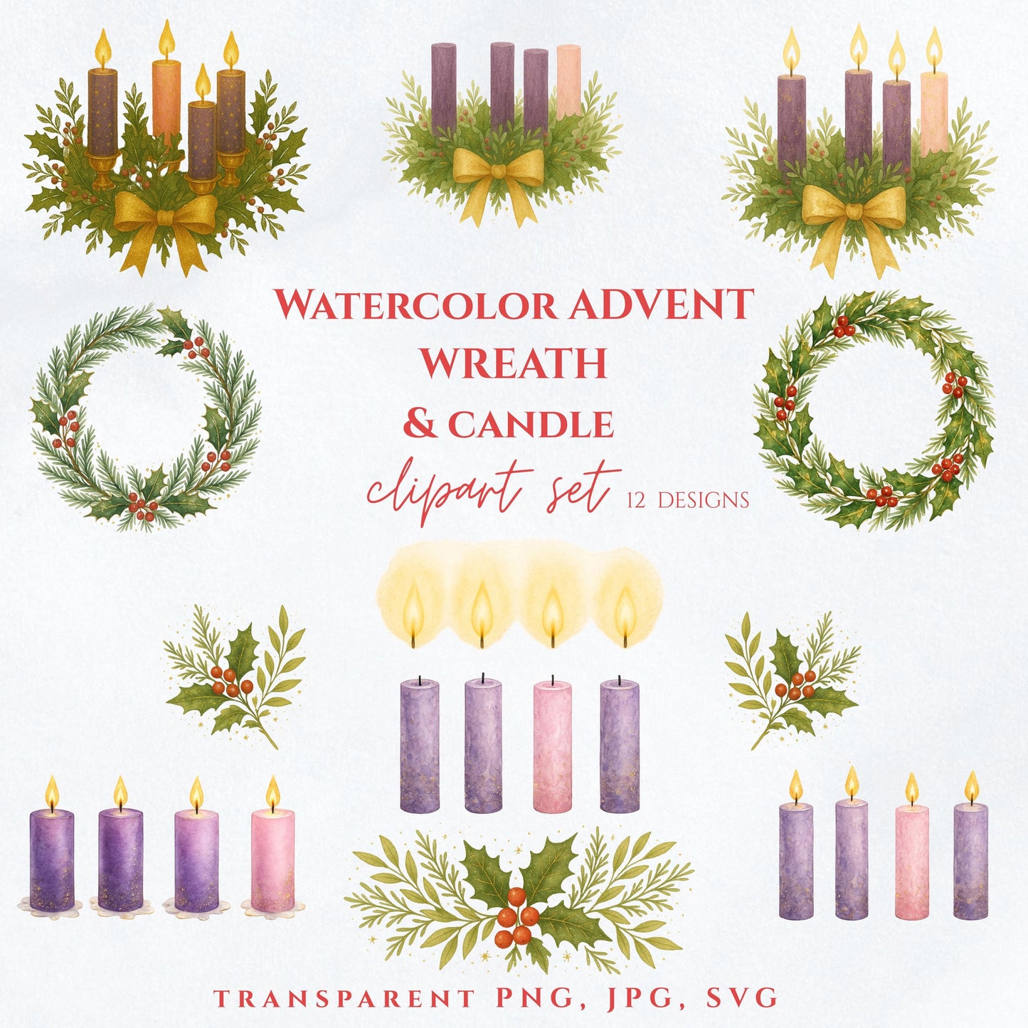 Watercolor Advent wreath with purple and pink candles, corona de Adviento en acuarela.