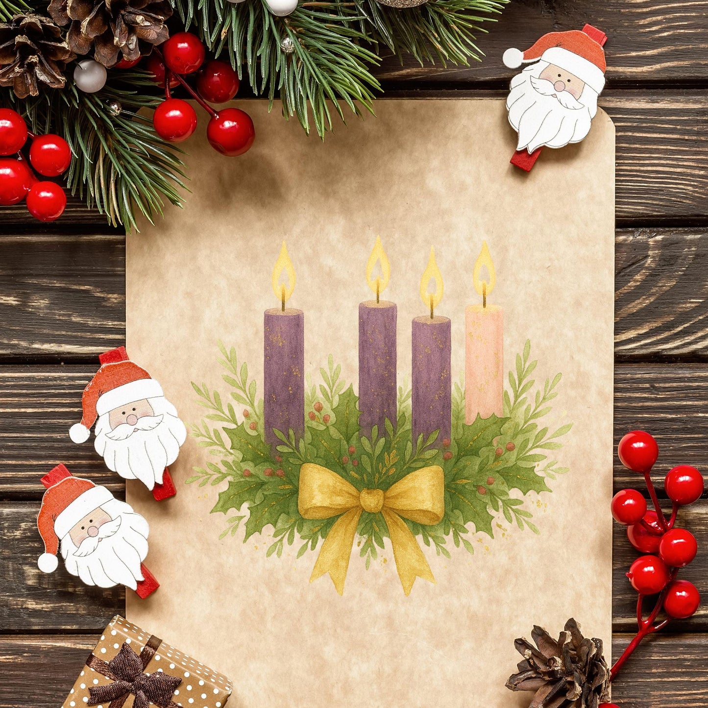 Lit Advent candles in purple and pink, velas de Adviento encendidas moradas y rosadas.