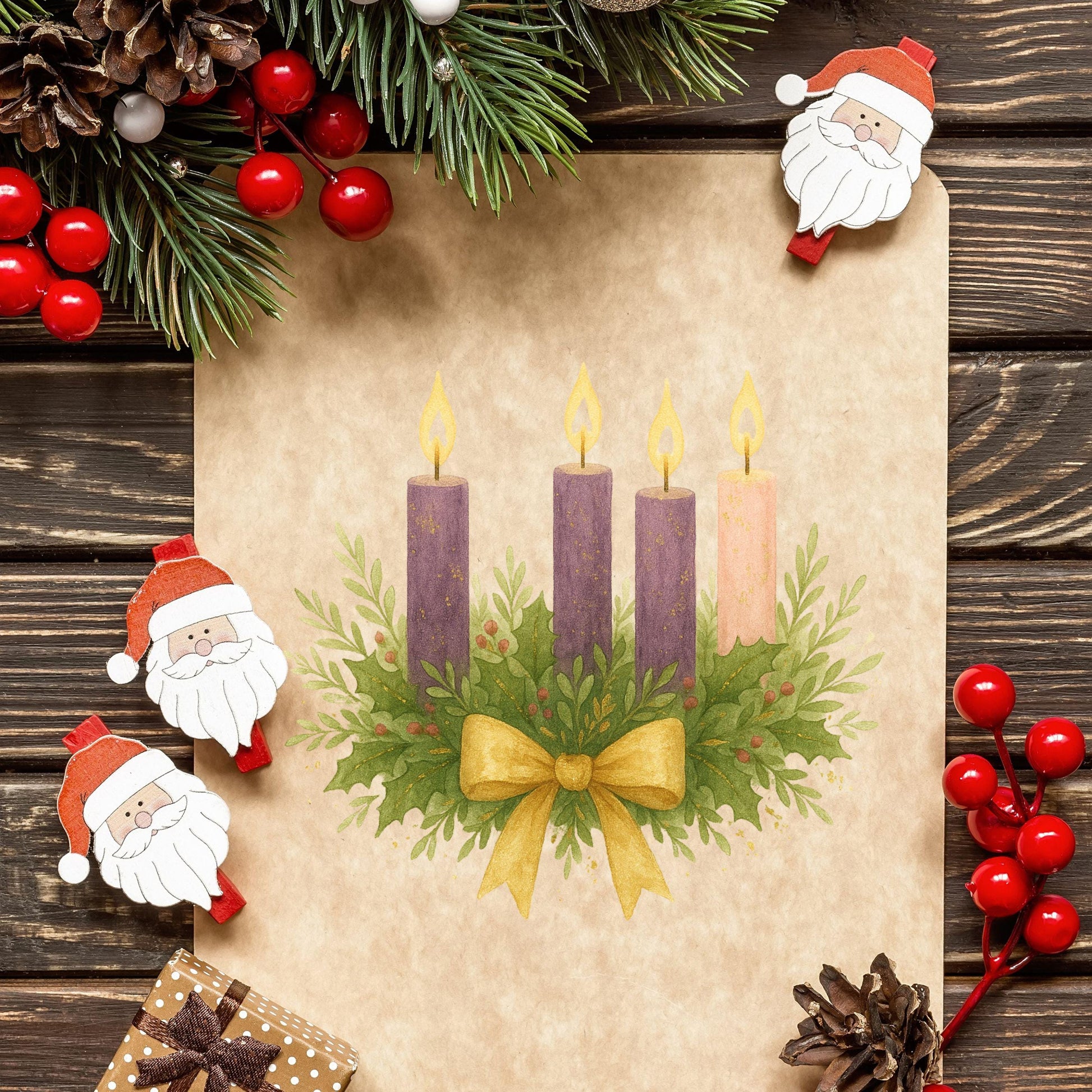 Lit Advent candles in purple and pink, velas de Adviento encendidas moradas y rosadas.