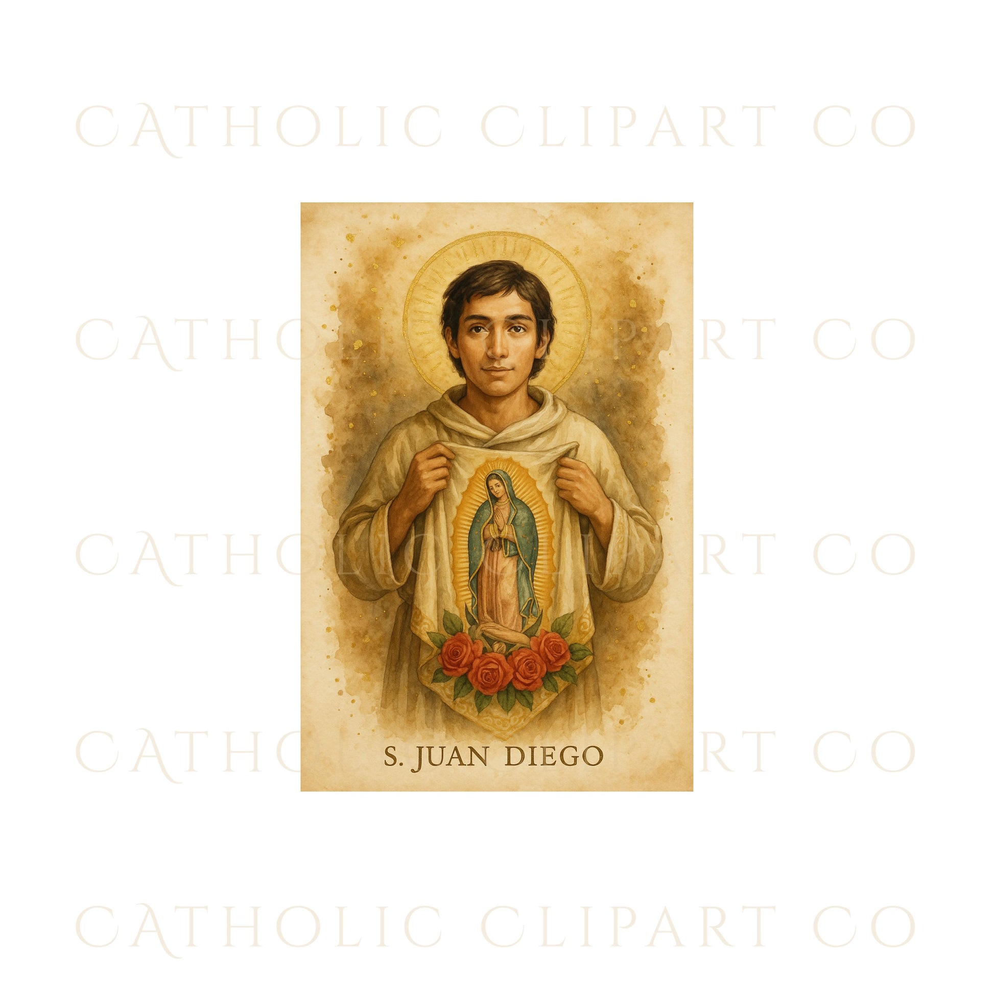 Vintage background holy card of Juan Diego — Estampa vintage de San Juan Diego