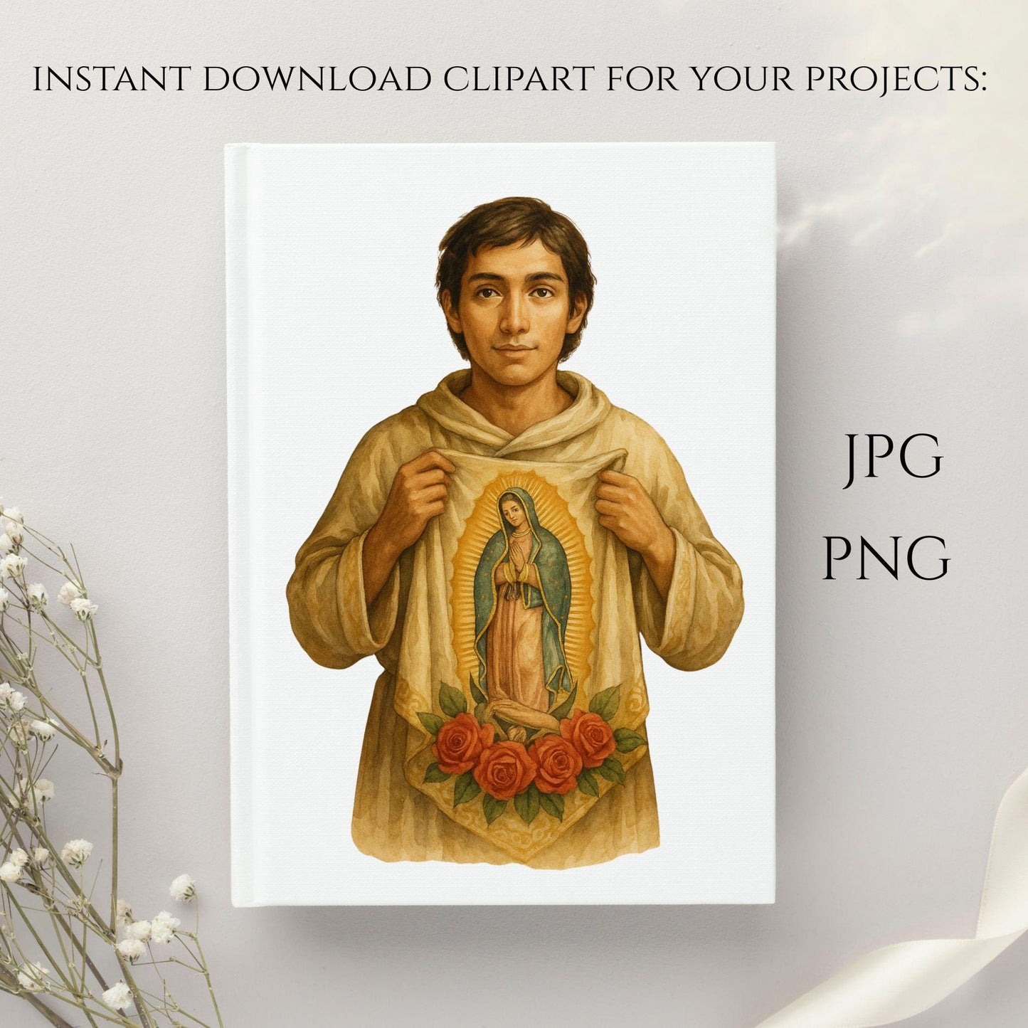 Holy card style image of Our Lady of Guadalupe on tilma — Estampa religiosa de la Virgen de Guadalupe en la tilma