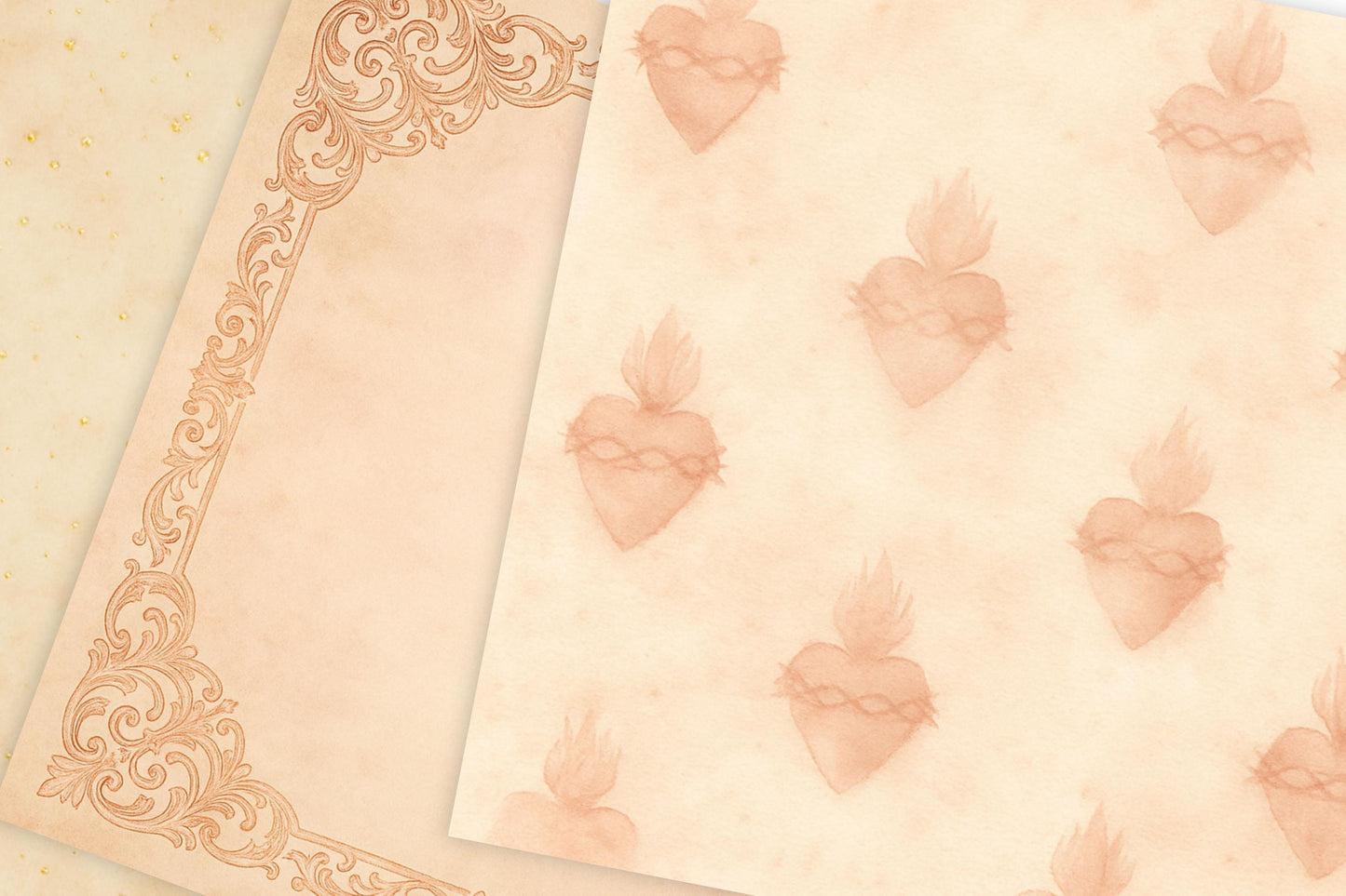 Vintage Sacred Hearts in warm rose-gold tones on textured background / Corazones Sagrados estilo vintage en tonos oro rosa sobre fondo texturizado.