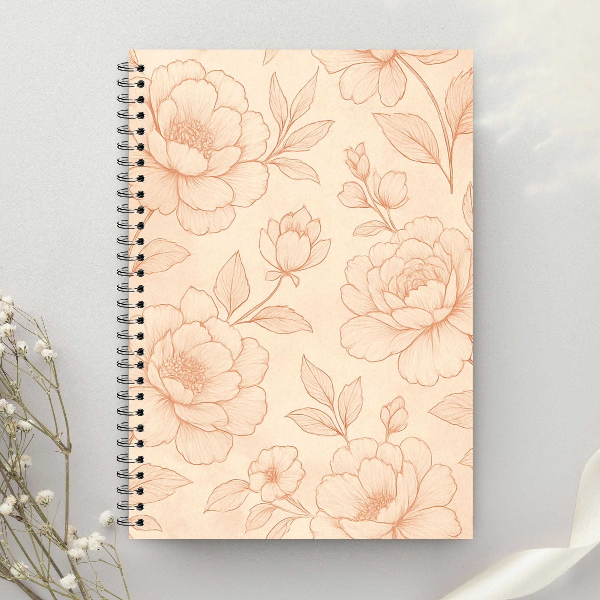 Rose-gold peony floral illustration pattern on vintage-style background / Patrón de peonías en oro rosa sobre fondo estilo vintage.