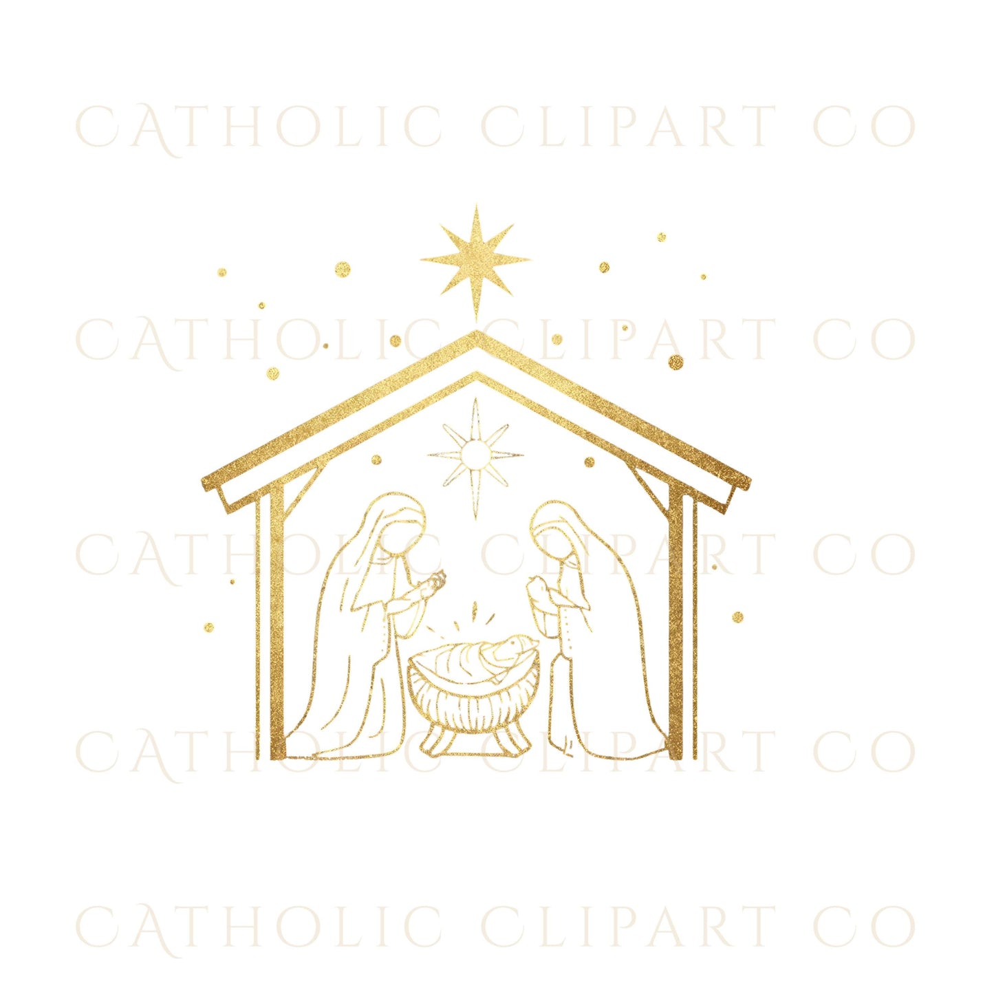 Gold Nativity Clipart, Holy Family PNG, Catholic Christmas Clip Art, Manger Scene Printable, Religious Christmas PNG, Gold Foil Nativity JPG