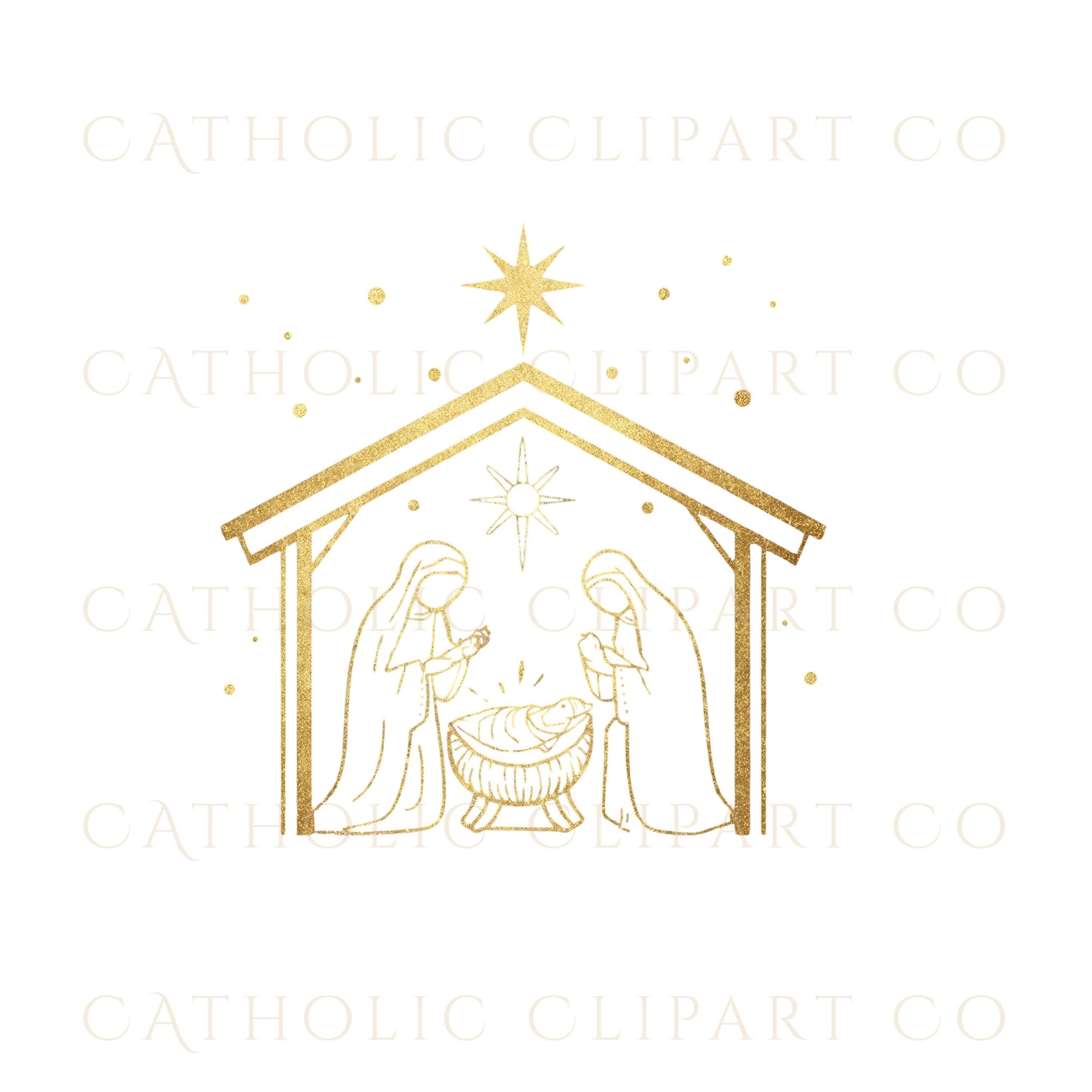 Gold Nativity Clipart, Holy Family PNG, Catholic Christmas Clip Art, Manger Scene Printable, Religious Christmas PNG, Gold Foil Nativity JPG