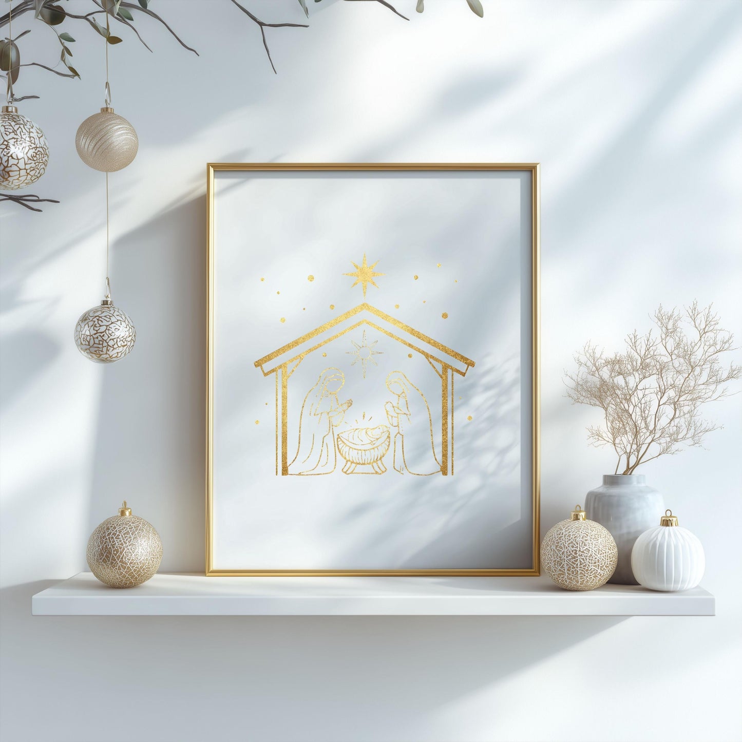 Manger scene gold illustration, ilustración dorada del pesebre