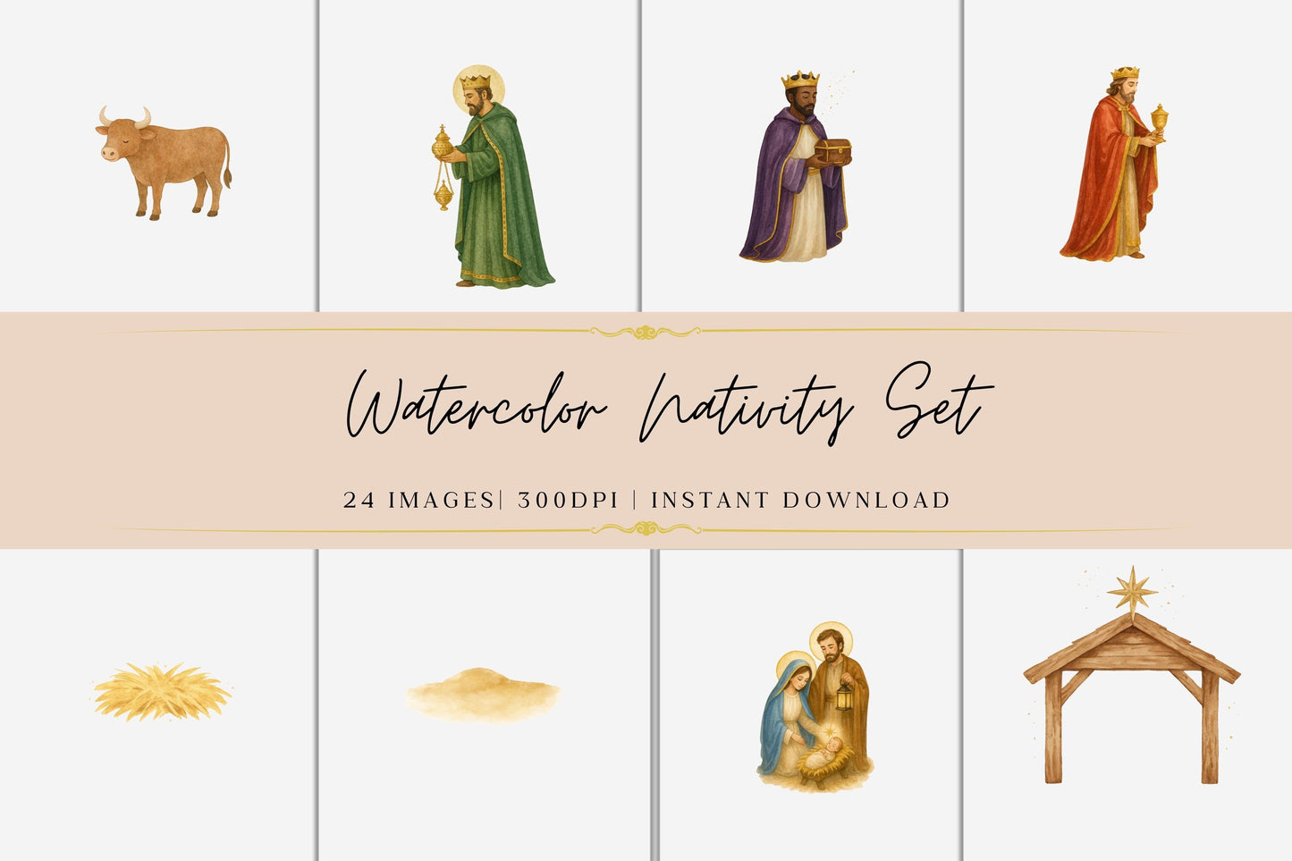 Watercolor Nativity Clipart Set • Holy Family Christmas PNG • Mary Joseph Baby Jesus • Christian Clip Art • Angels Wise Men Shepherds