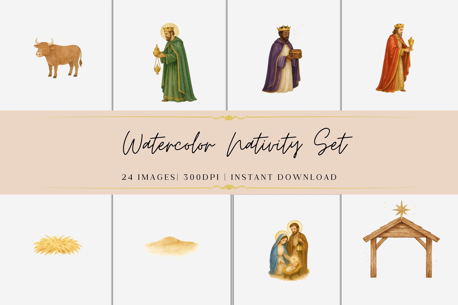 Watercolor Nativity Clipart Set • Holy Family Christmas PNG • Mary Joseph Baby Jesus • Christian Clip Art • Angels Wise Men Shepherds