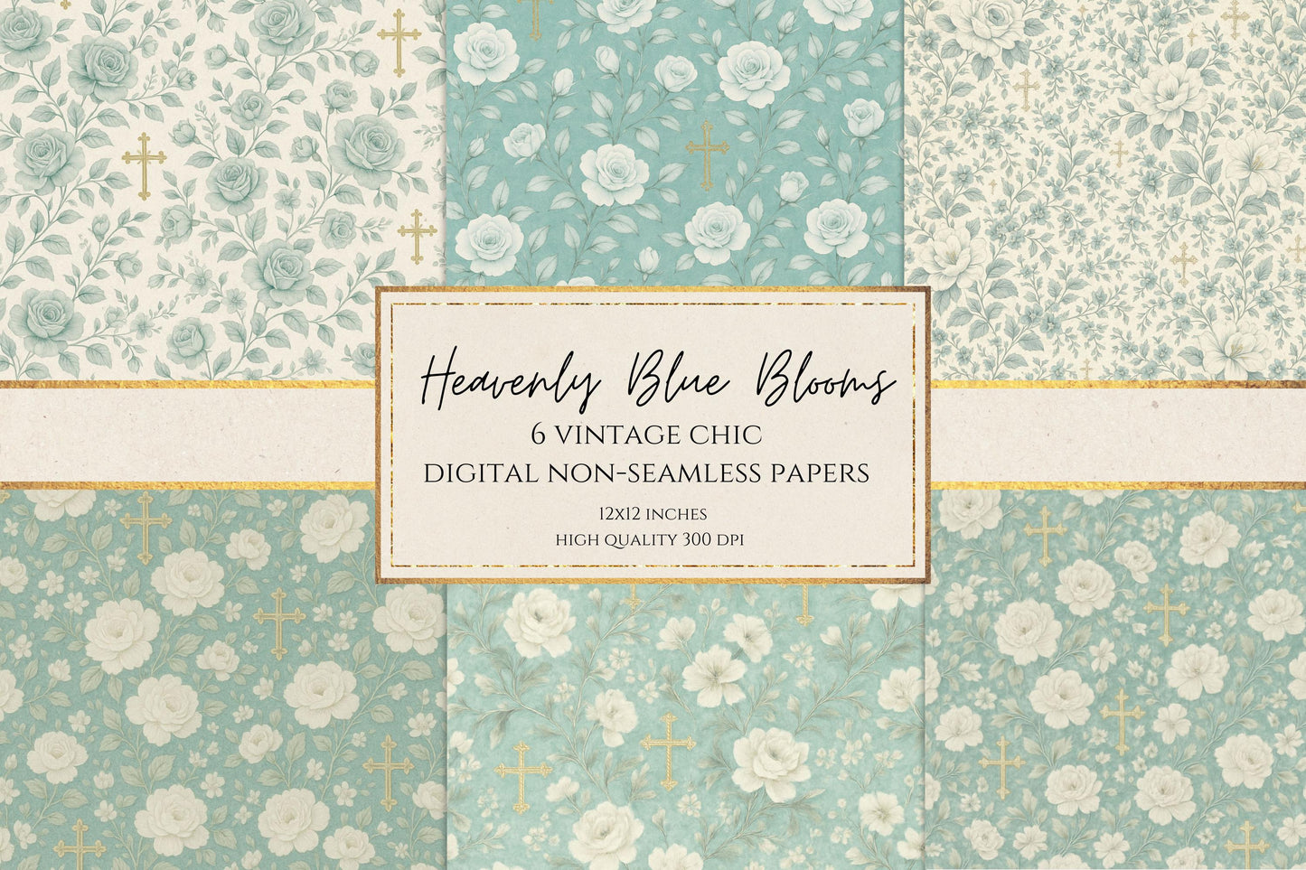 Blue Floral Digital Paper, Vintage Catholic Paper 12x12, Gold Cross Scrapbook, Non Seamless Roses, Christian Journal, Shabby Chic Print