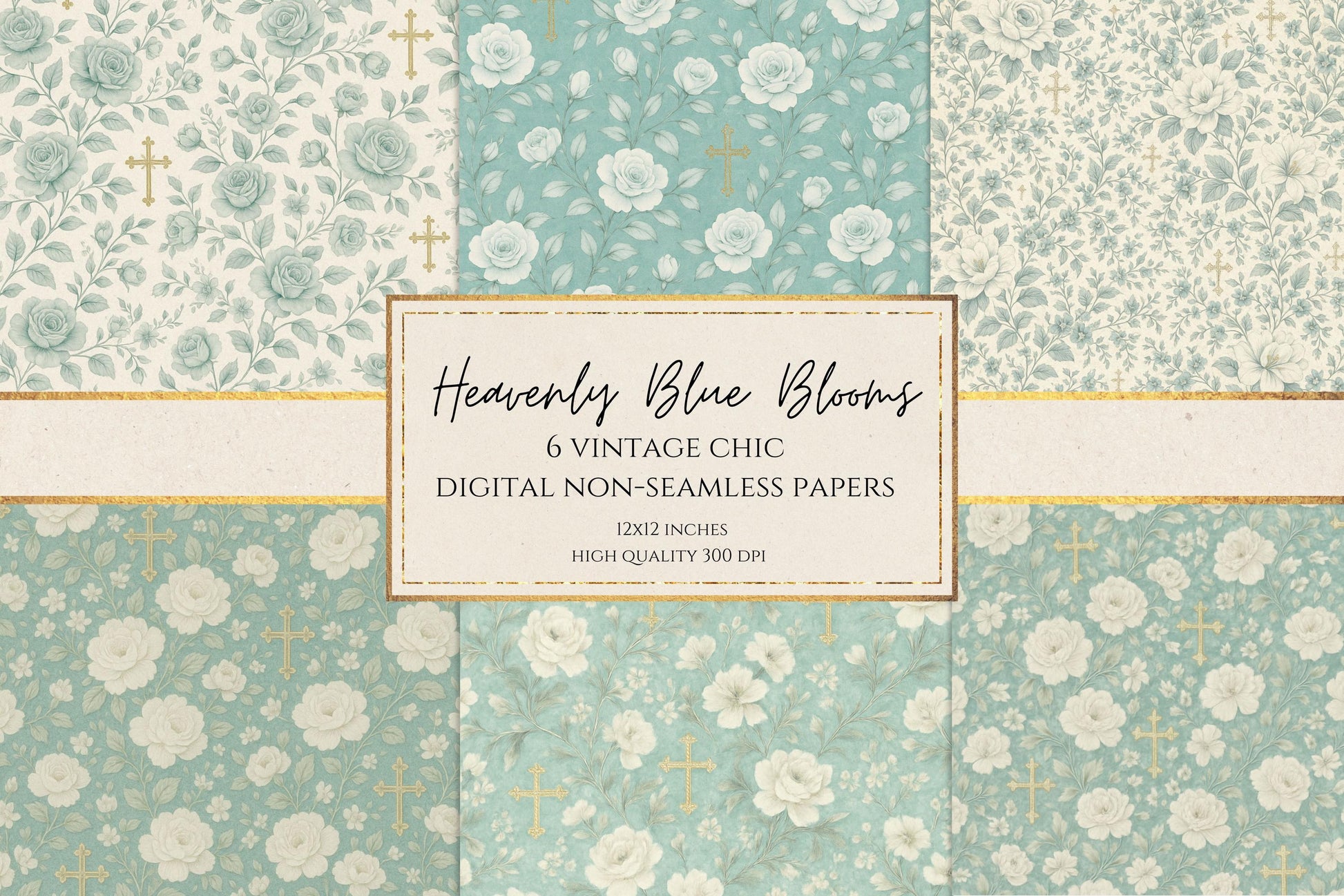 Blue Floral Digital Paper, Vintage Catholic Paper 12x12, Gold Cross Scrapbook, Non Seamless Roses, Christian Journal, Shabby Chic Print