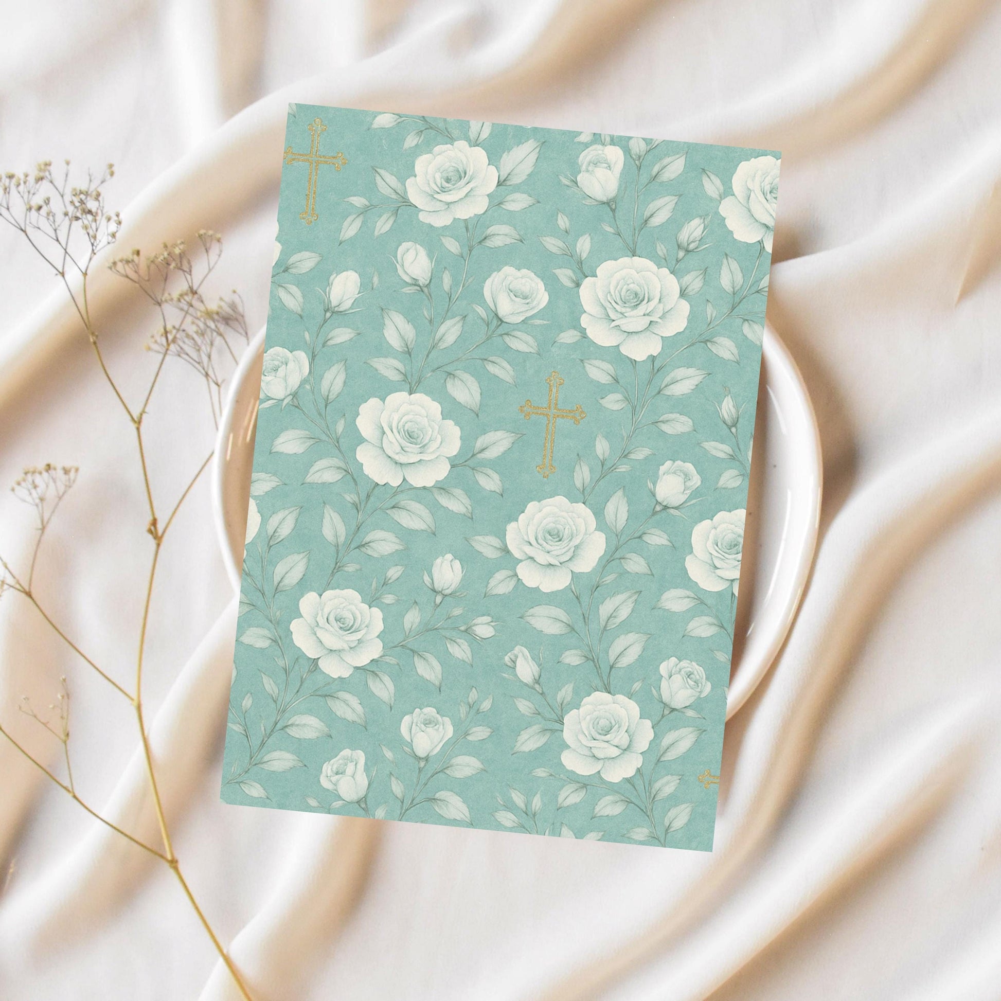 Cottagecore blue floral print with subtle gold crosses • Estampado floral azul cottagecore con cruces doradas sutiles