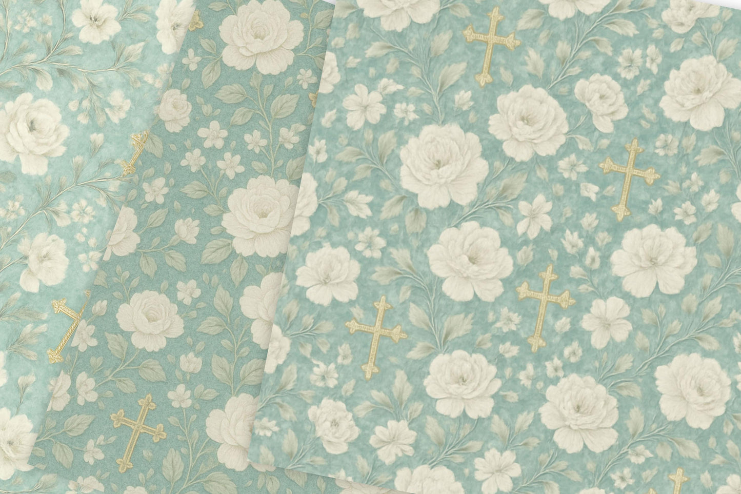 Blue and ivory rose paper with soft antique texture • Papel de rosas azul y marfil con textura antigua suave