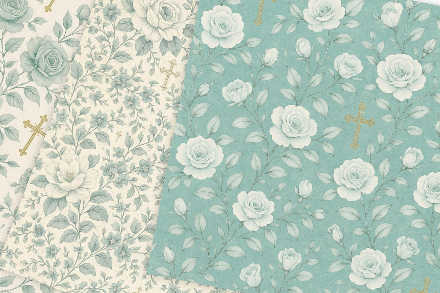 Blue floral digital paper with vintage roses and gold crosses • Papel digital azul con rosas vintage y cruces doradas